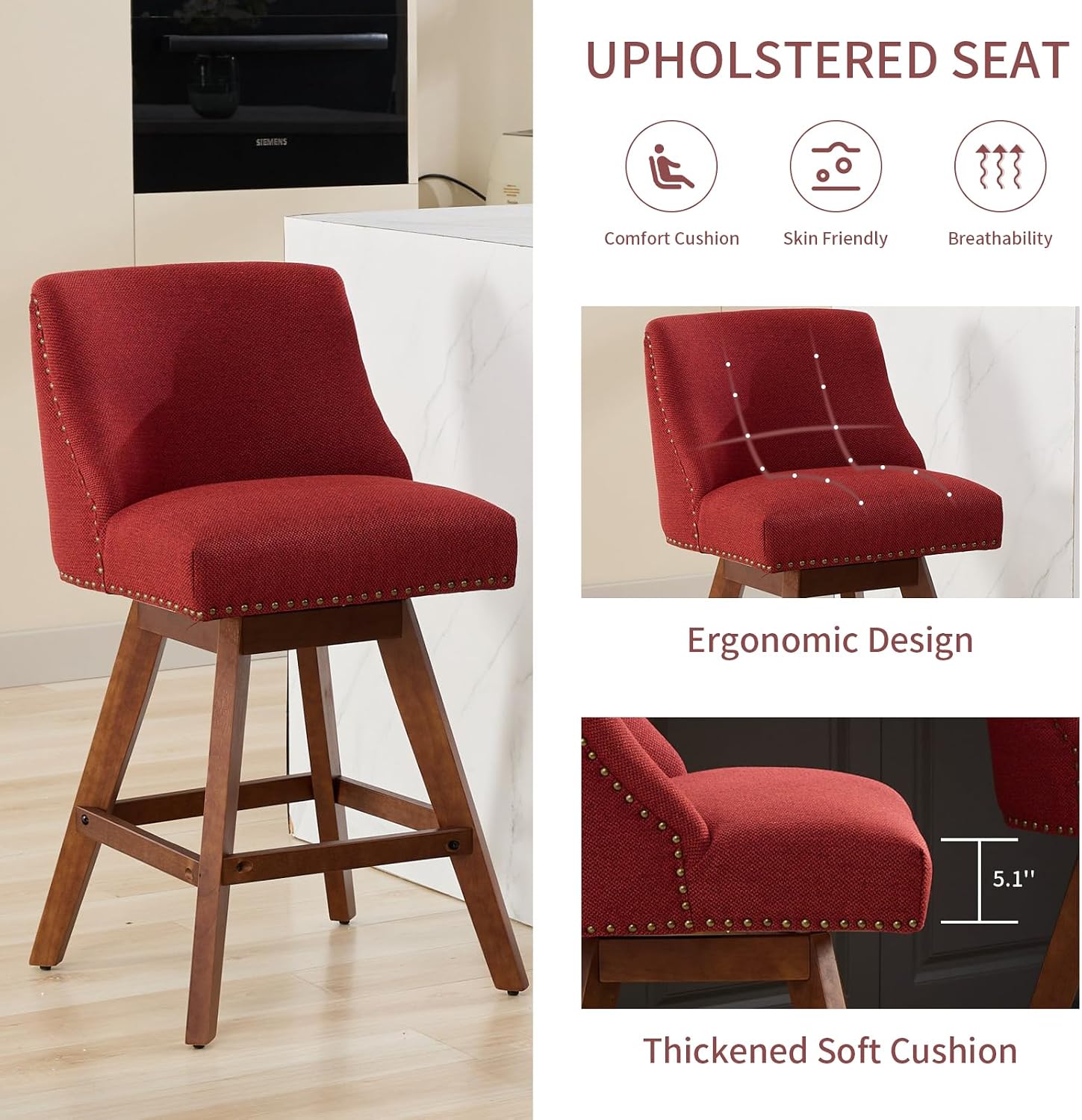 Yayzy Counter Height Swivel Bar Stools Set of 2, 26.6" Seat Height Upholstered Bar Stools with Backs, Fabric Bar Chairs with Solid Wood Legs for Kitchen Island, Home Bar, Wine Red