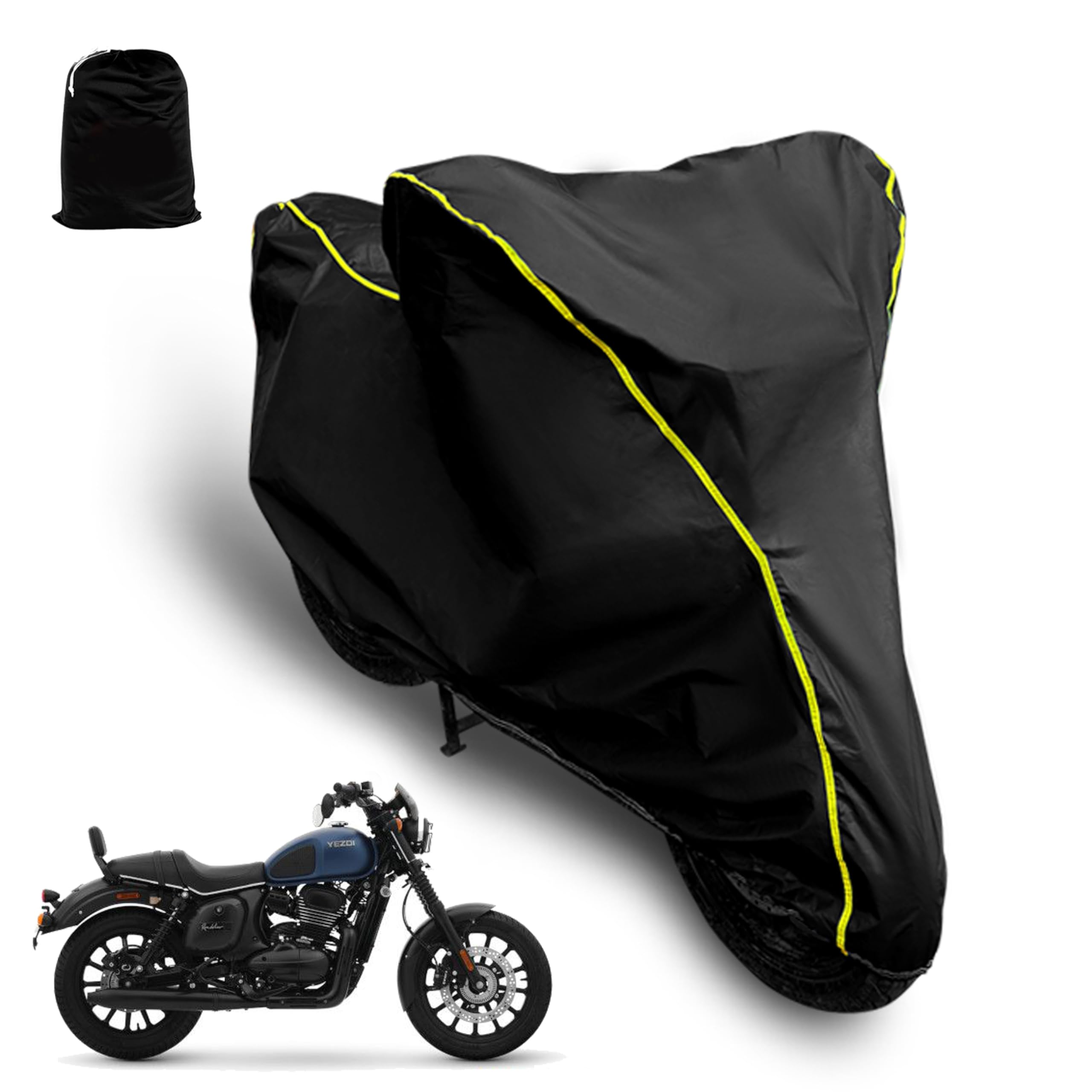 AUTOCOZEN Waterproof Bike Cover Compatible with Yezdi Roadster Cover with All Weather Protection and Triple Stitch, Heavy Buckle with Storage Bage & Black with Yellow Piping-image-11