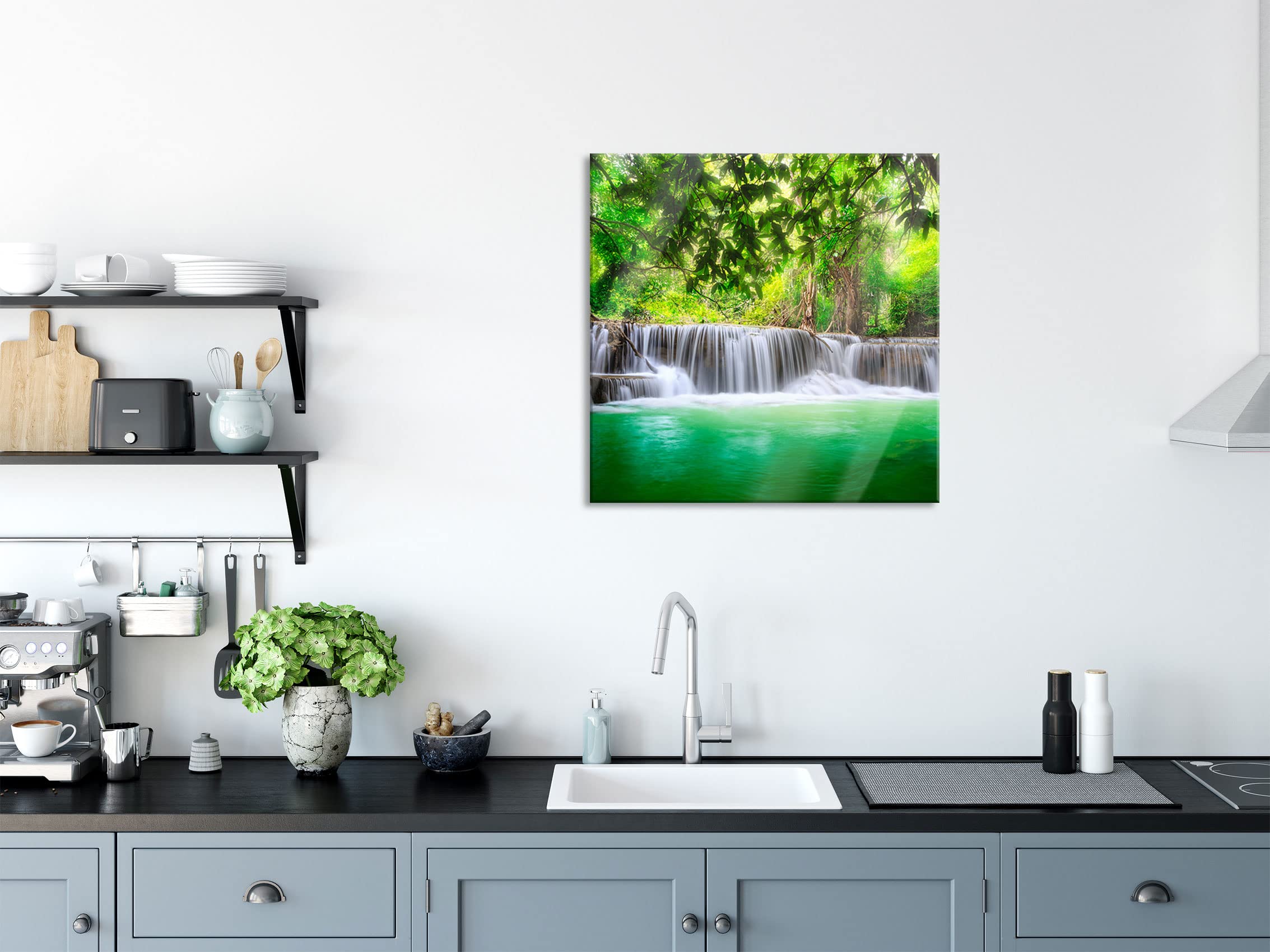 Pixxprint Glasbild, Wandbild auf Echtglas, Kleiner Wasserfall im Dschungel, 80x80 cm, inkl. Aufhängung und Abstandshalter