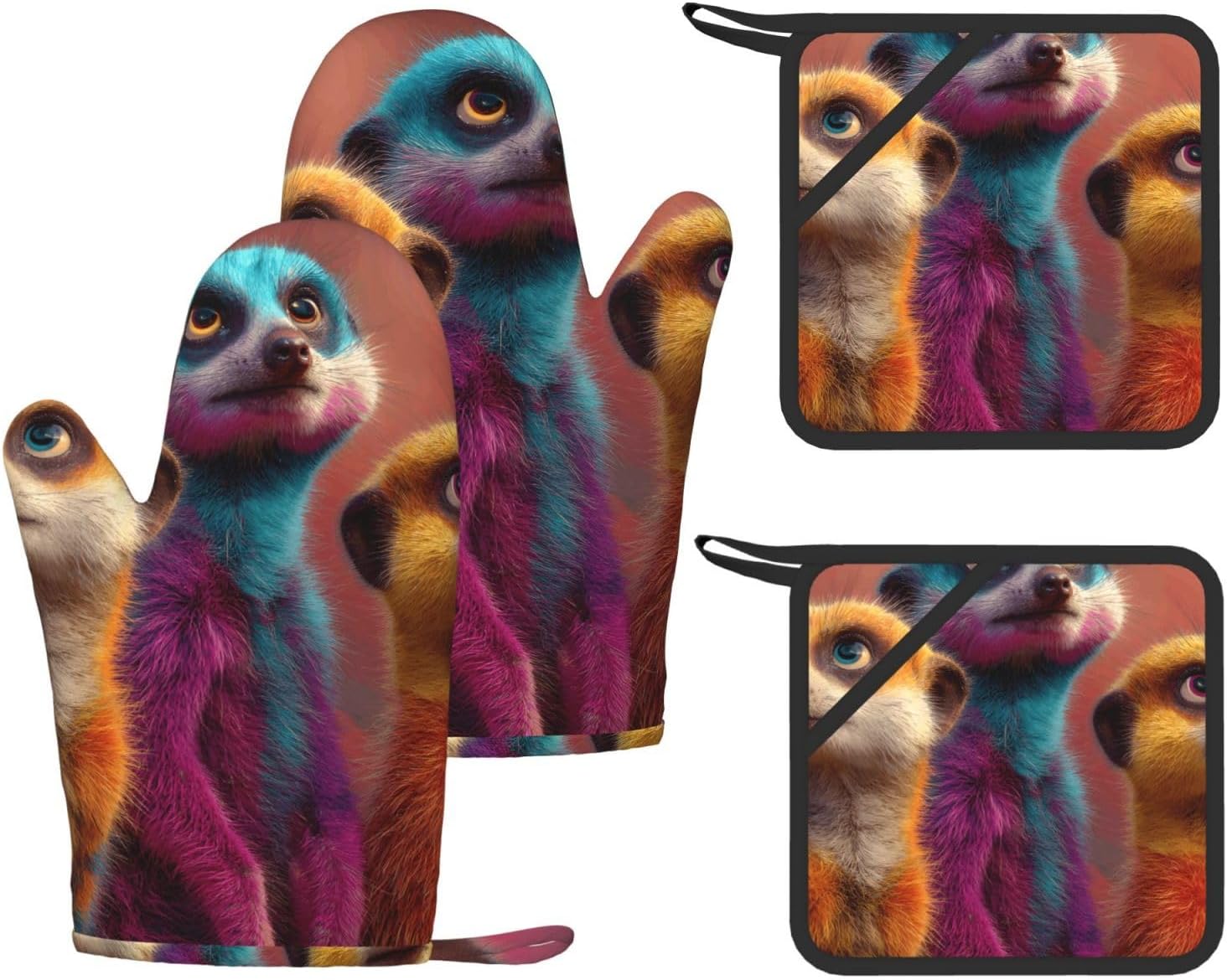 Burrowing Meerkats 4pcs Oven Mitts and Pot Holders Sets for Kitchen, Silicone Oven Gloves Non-Slip Potholders Hot Pads for Baking Cooking