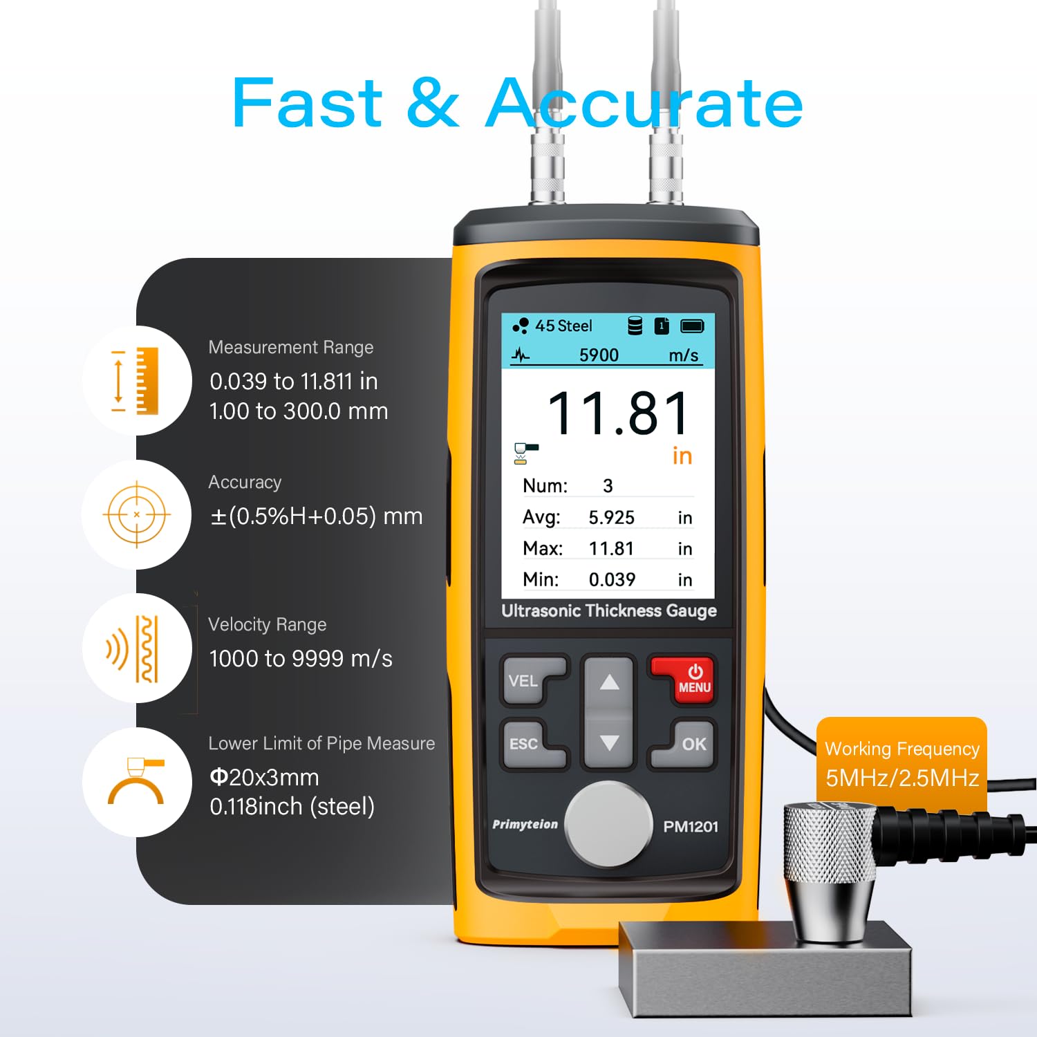 Ultrasonic Thickness Gauge PM1301,Range 0.039 to 11.811 inch, Digital Metals Thickness Tester, Steel, Metals, Plastic, Glass, PVC, Pipes (PM1301D)