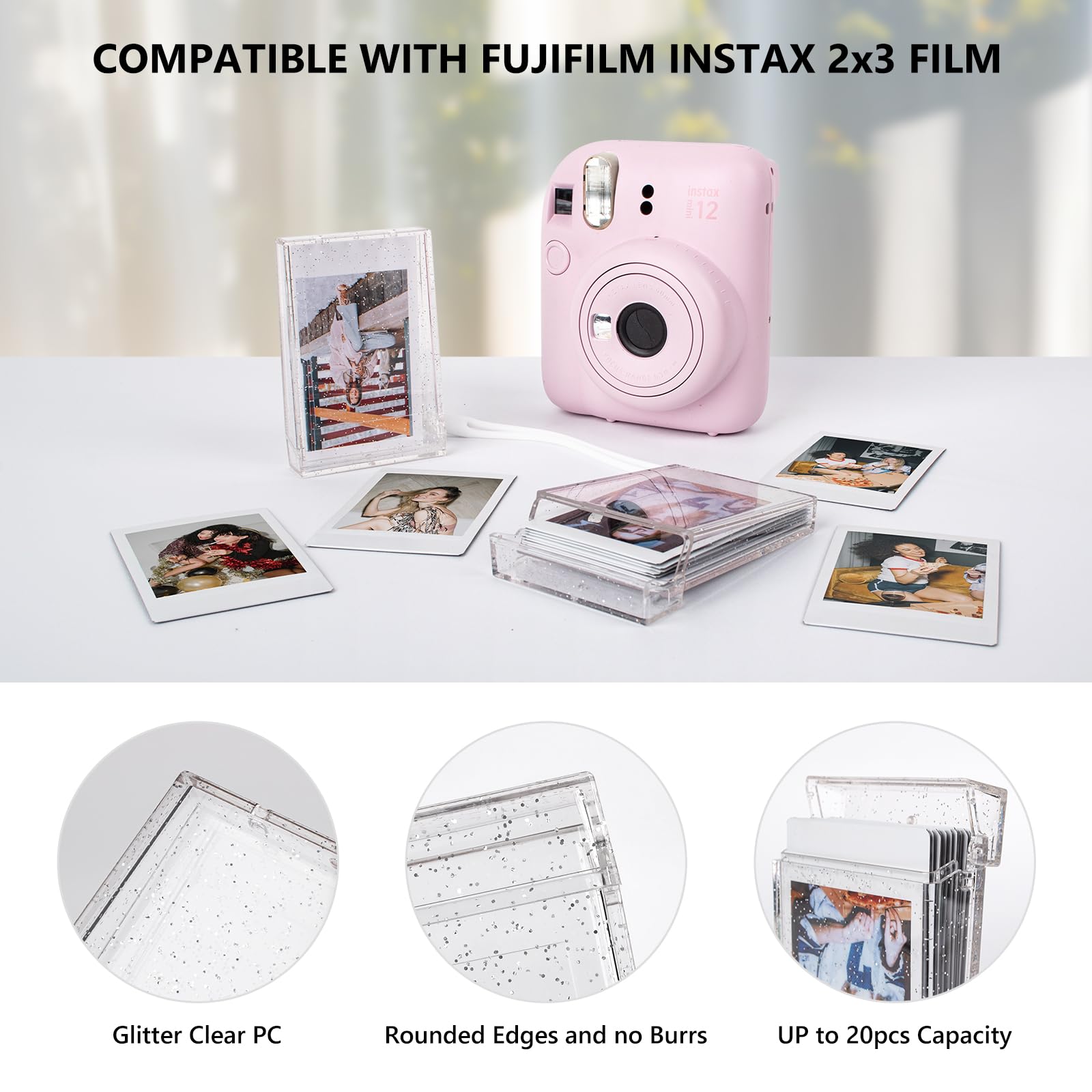 Lot de 2 Boîtes de Rangement pour Photos de 2x3, Étui pour Photos Instax, Mini Support Photo pour Film Instantané Fujifilm Instax Mini 13 12 11 9 8 7 99 70 40 90 Evo - Paillettes