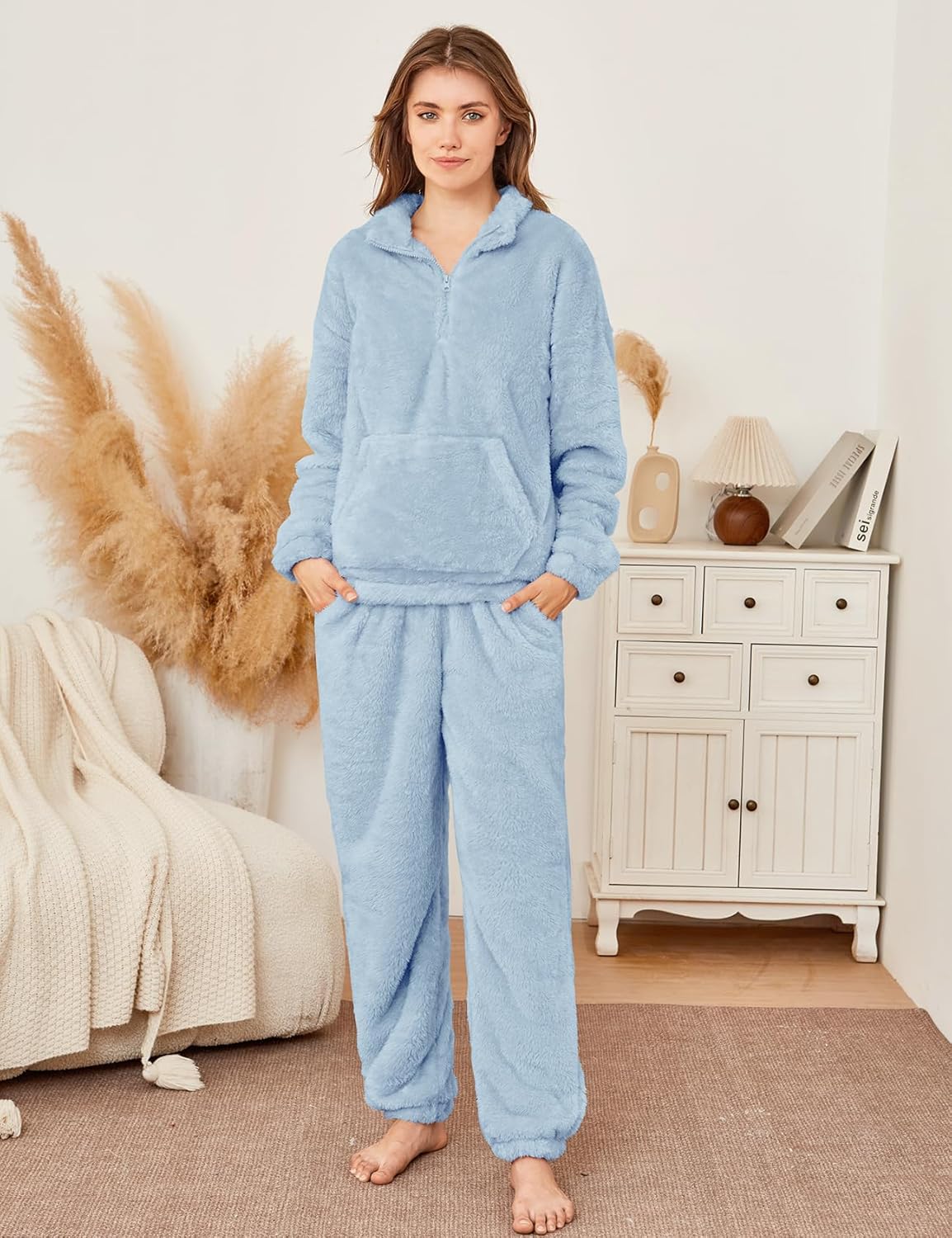 PEHMEA Women's 2 Piece Fluffy Fleece Pajamas Set Cozy Sleepwear with Half Zip Pullover Pants for Winter Loungewear - Image 2