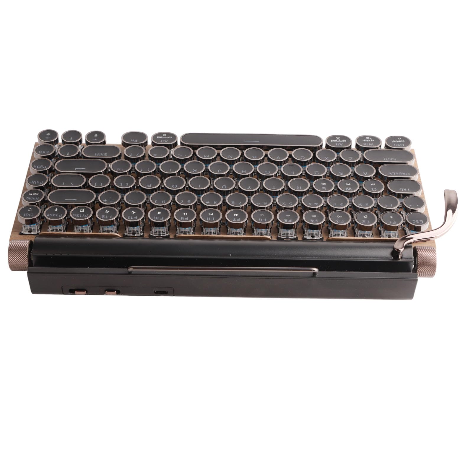 Akozon Teclado de Máquina de Escribir 83 Teclas Teclado Mecánico Inalámbrico Vintage con Tapa Redonda de Metal Electrónica de Color de Grano de Madera (Grano de Madera)