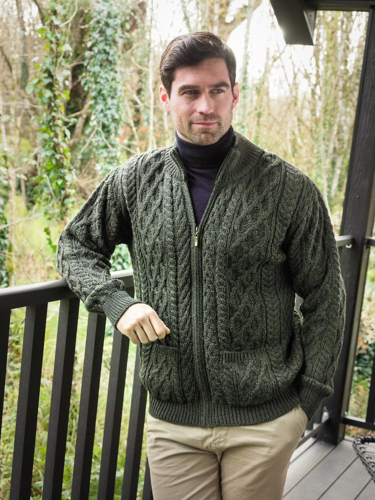 Aran Crafts Cardigan zippé pour homme 100 % laine mérinos, fabriqué en Irlande