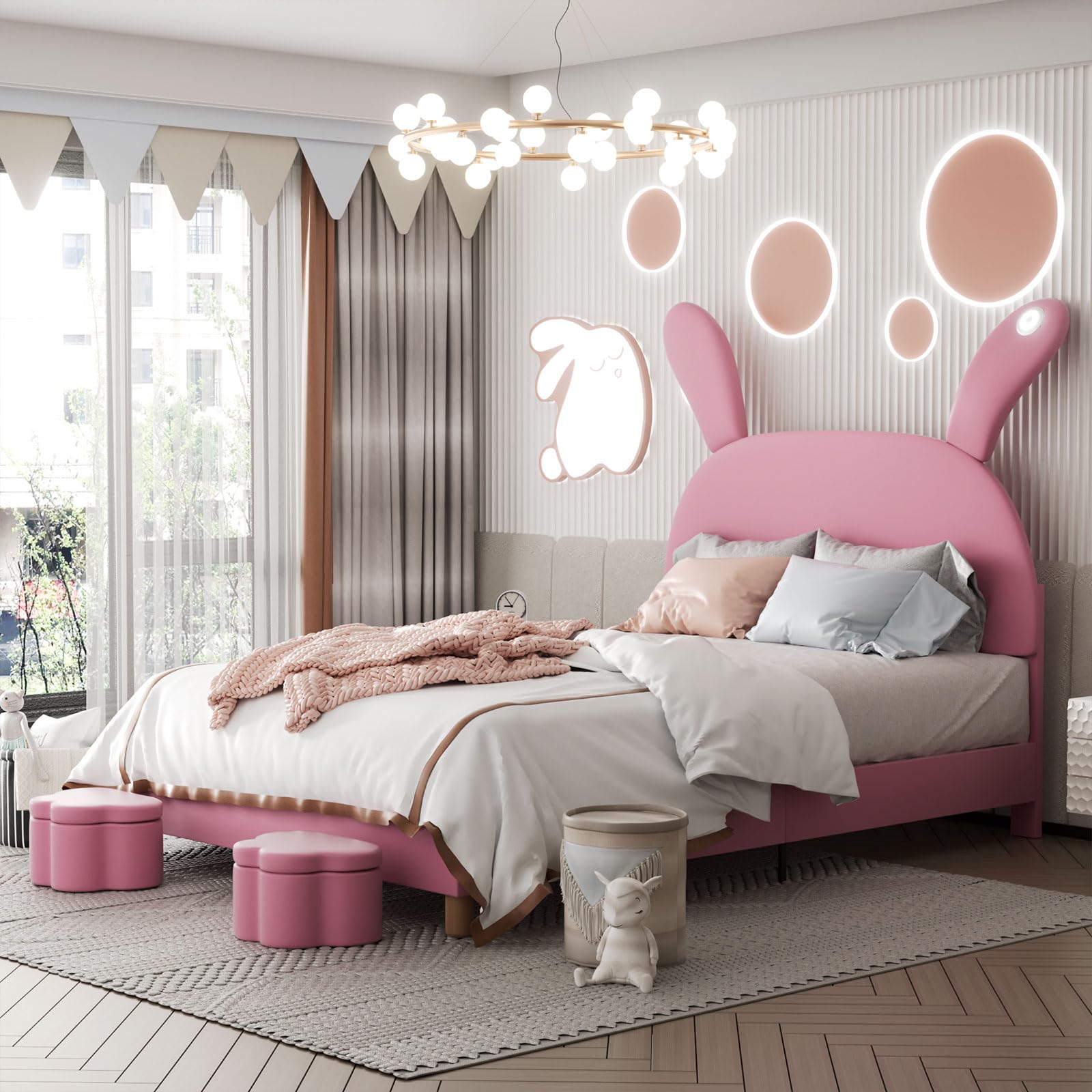 Universal Cama Doble De 140x200 Cm, Cama Tapizada con Dos Taburetes De Almacenamiento, Iluminación LED En La Cabecera, Cama Infantil Plegable con Orejas De Conejo Y Somier De Láminas,Rosa