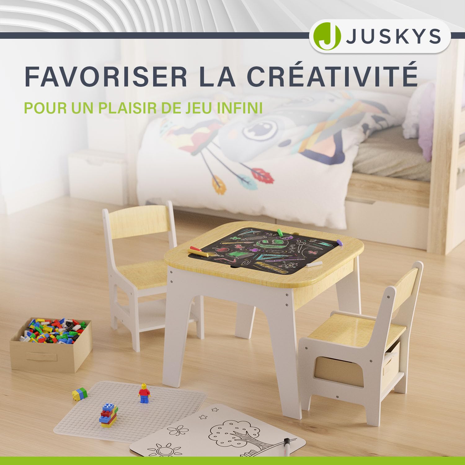 Juskys Ensemble de sièges pour Enfants Milou, Set 2 chaises & 1 Table en Bois, Table de Jeu avec Rangement, Coin Jeu pour Enfants, Naturel