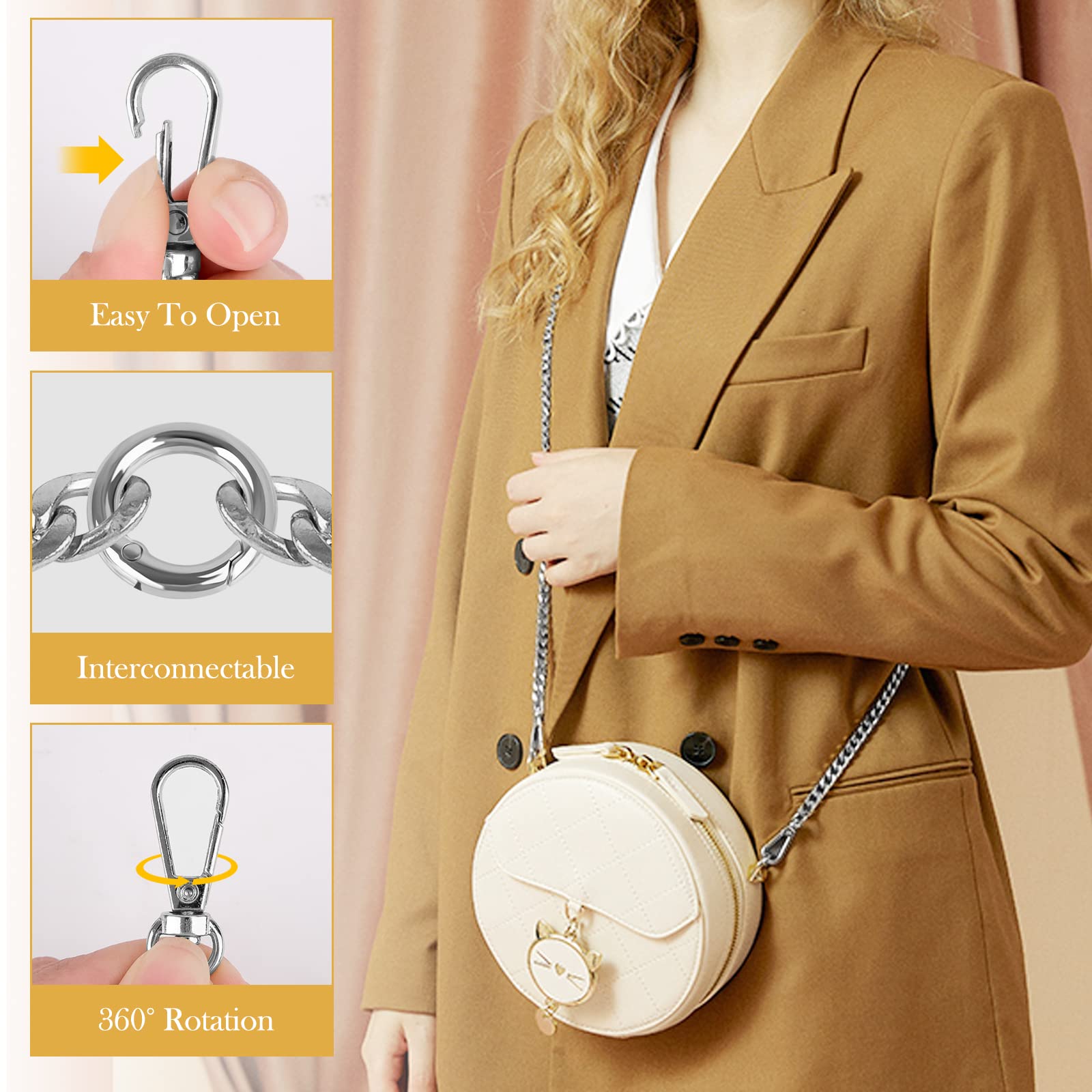 Catena Per Borsa A Tracolla Sweetone, 2 Pezzi, In Lega E Pelle, Lunghezza 120 Cm, Colore Argento, Con Moschettone Girevole - 4