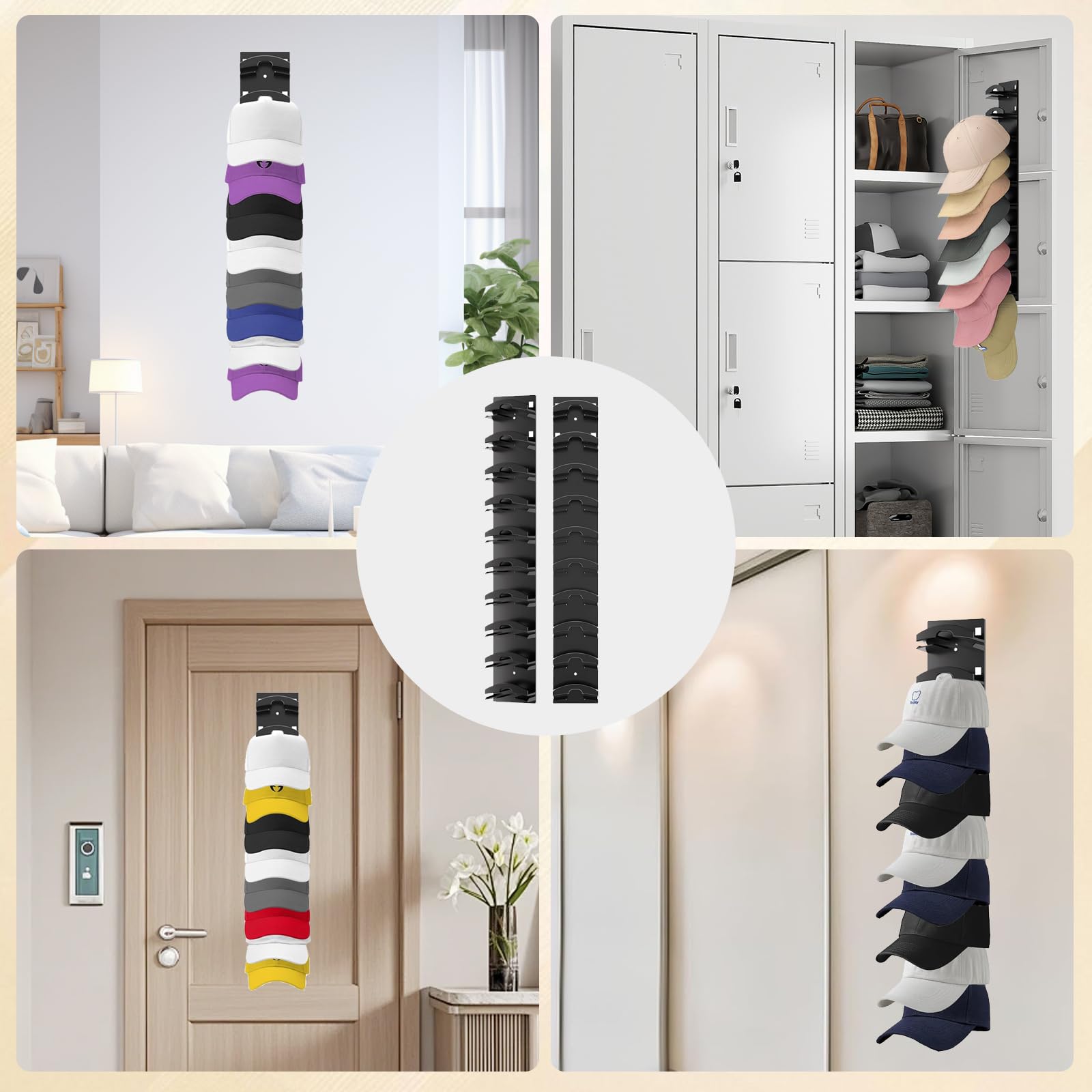 OMJMYY 2 Pezzi Porta Cappelli da Parete Autoadesivo Fino a 20 Cappelli Organizzatore per Cappelli Cappelliera Parete per Porta Armadio Camera Cappelliera Compatta Design e Salva Spazio(Nero)