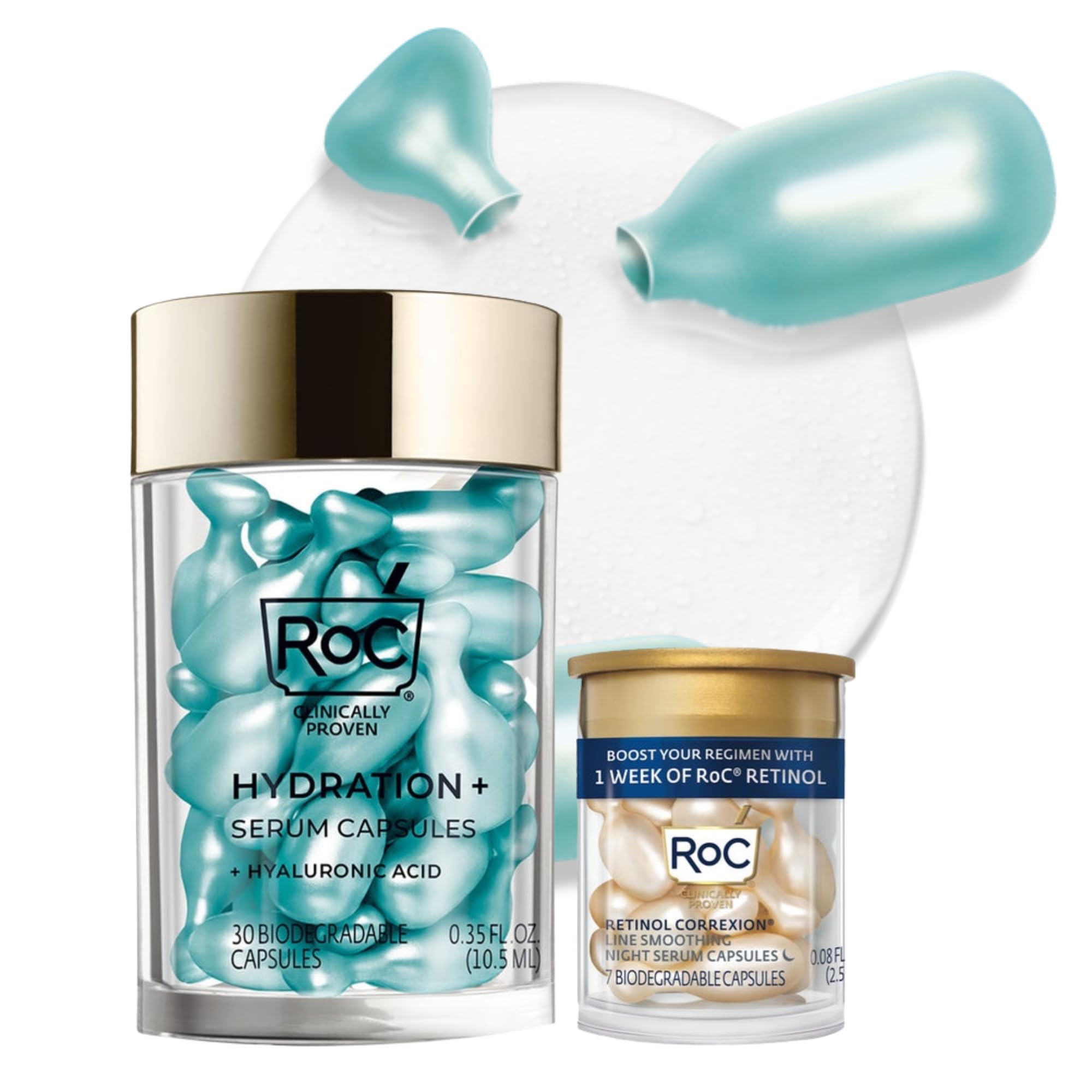 RoC Multi Correxion Hyaluronic Acid Night Serum Capsules (30 CT) for Intense Hydration + RoC Retinol Capsules (7 CT), Anti-Aging Skin Care Wrinkle Treatment for Women and Men