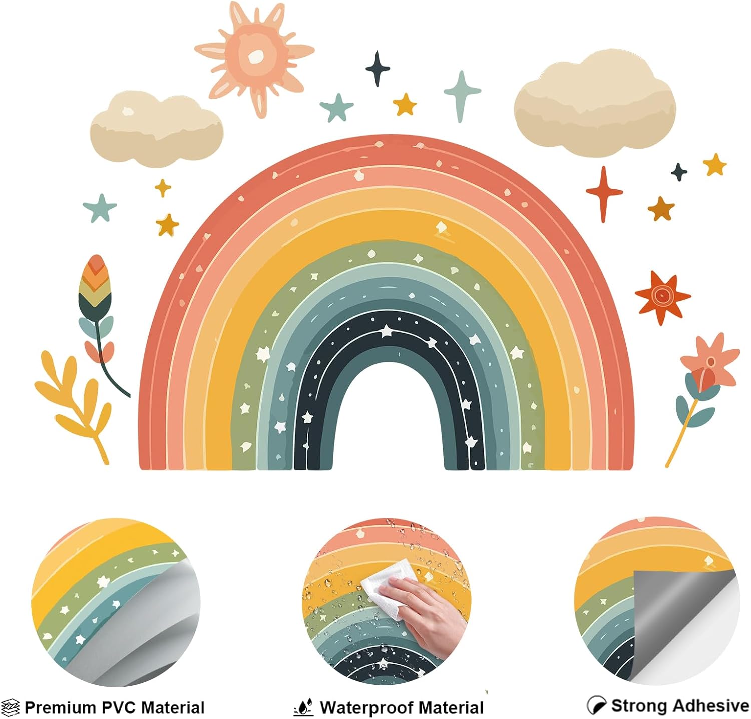 HueBurst Large Watercolor Rainbow Wall Decals Peel and Stick Colorful Boho Rainbow Wall Stickers with Star Sun Cloud Leaf DIY Nursery Wall Decor for Girls Kids Bedroom Classroom Playroom