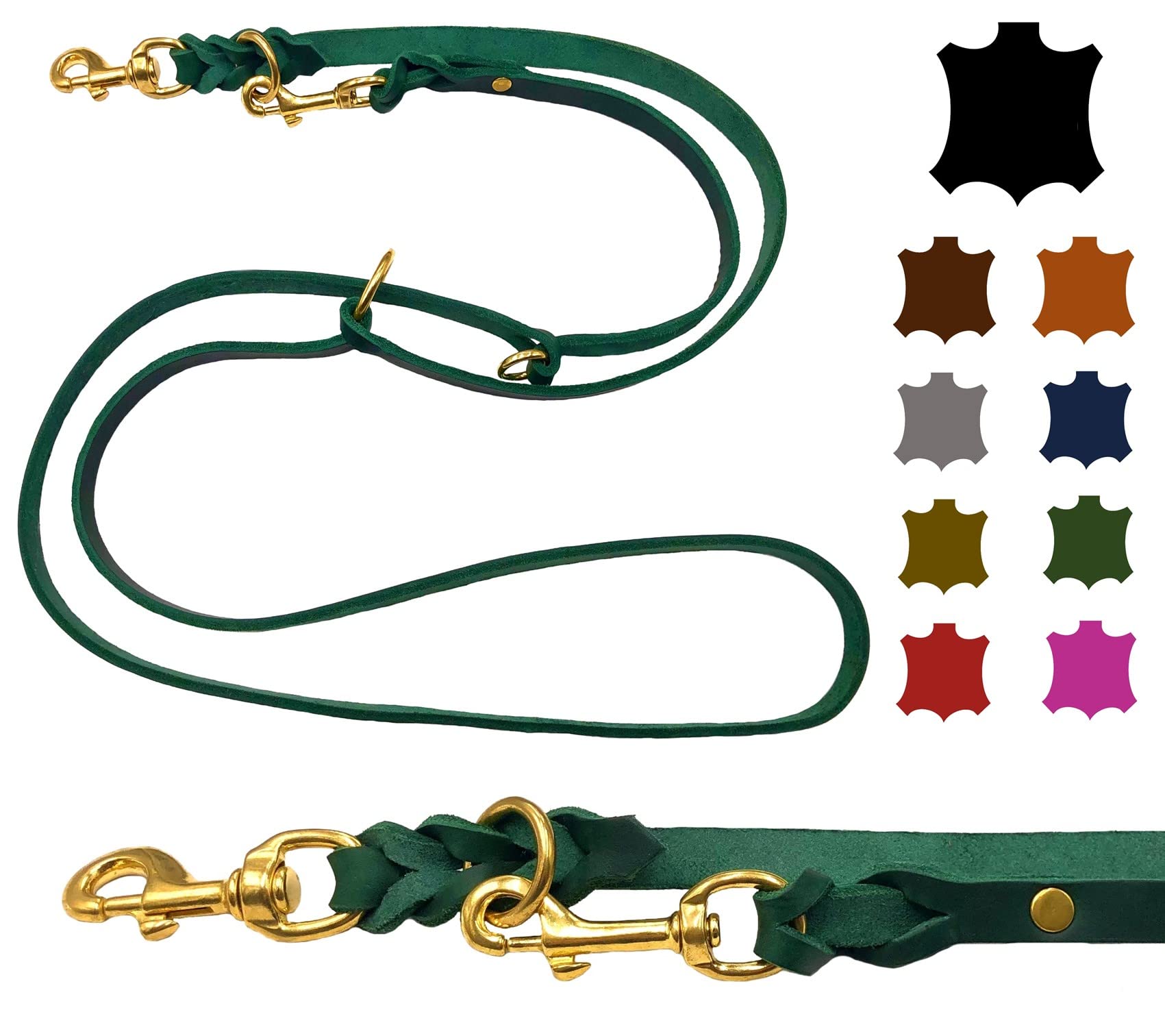 Hundeleine Fettleder Messing kleine Hunde/große Hunde 2m / 2,40m / 2,80m / 3,50m / 5m Doppelleine verstellbar (3,50m X 15mm, Tannengrün)