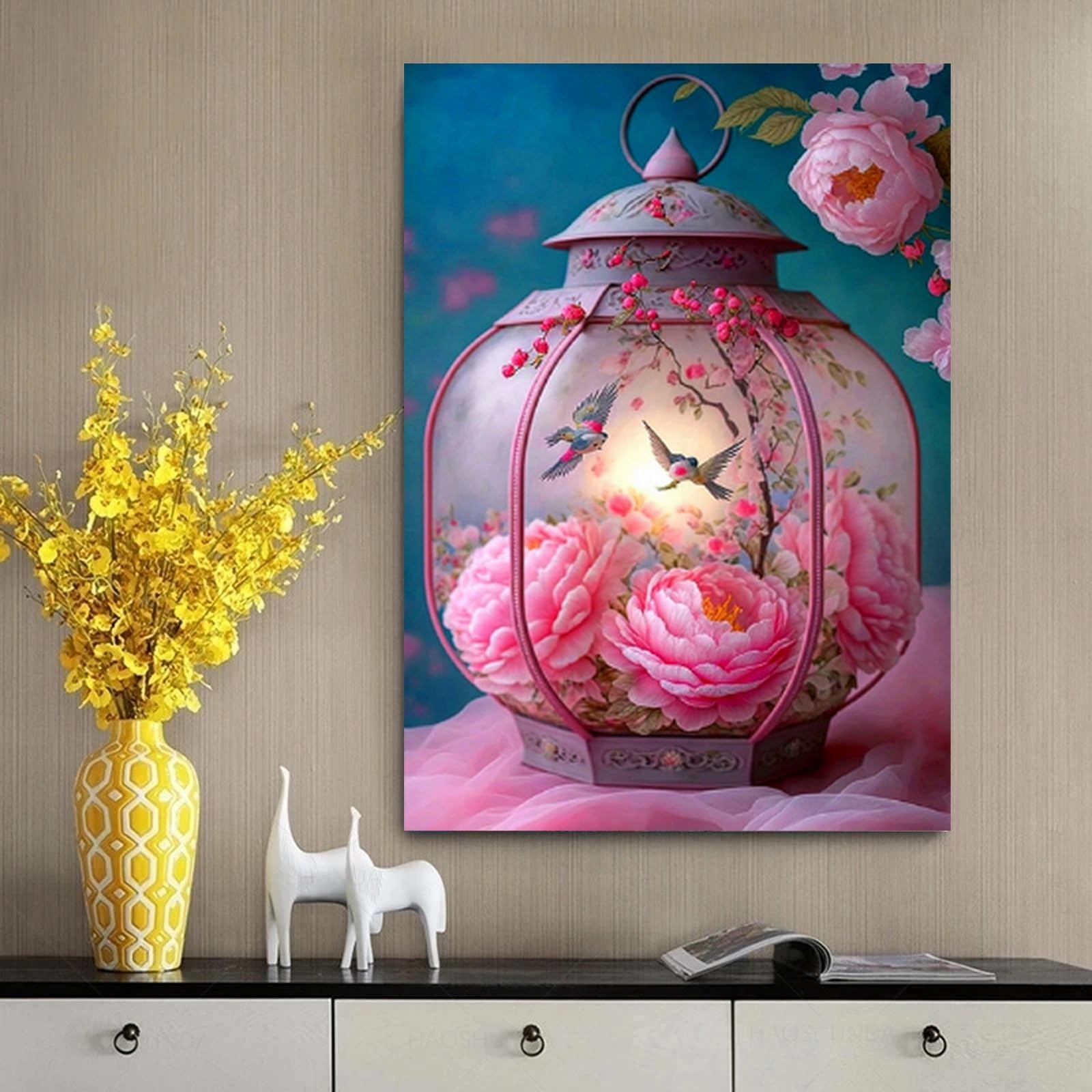 COKYIS5D Diamond Painting by Numbers Kit Lanterna con fiori di peonia e uccelli DIY Full Drill Crystal Rhinestone Embroidery Diamond Embroidery Diamond Dots Arts Home Decor (16x20inch)