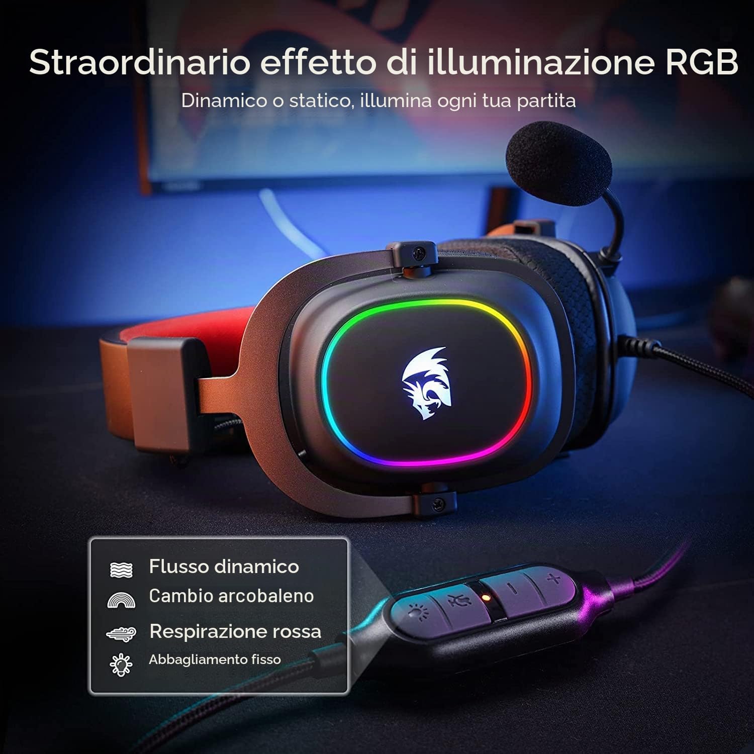 Redragon H510 Zeus Cuffie Gioco Cablato 7.1 53mm Driver RGB | cuffie gioco cablate 7.1 surround cuscinetti memory foam driver 53mm microfono staccabile multipiattaforma RGB