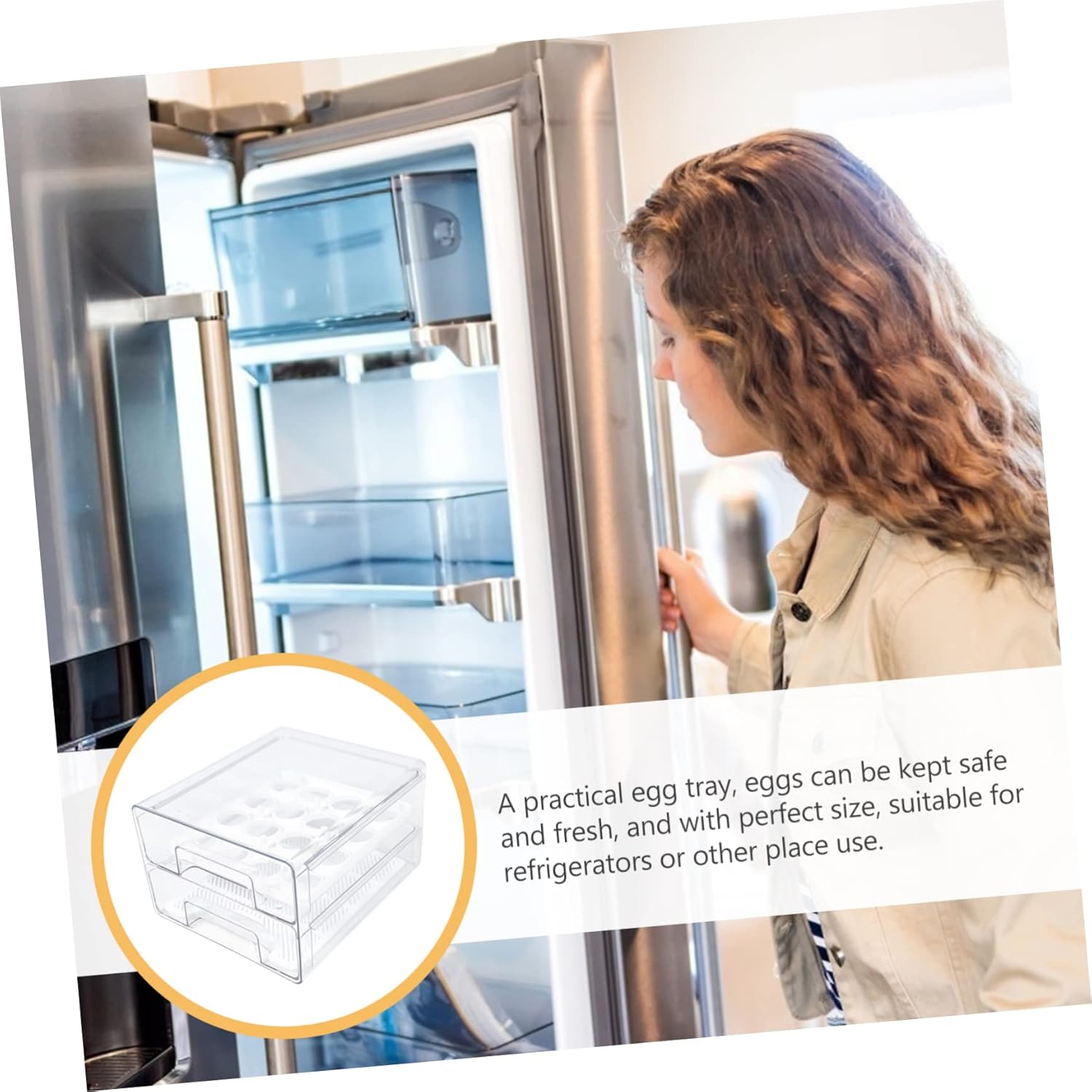 Double Layer Egg Storage Drawer Box for Refrigerator Removable Tray Holds Eggs Kitchen Organizer Easy Pull-out Design with Comfortable Handle