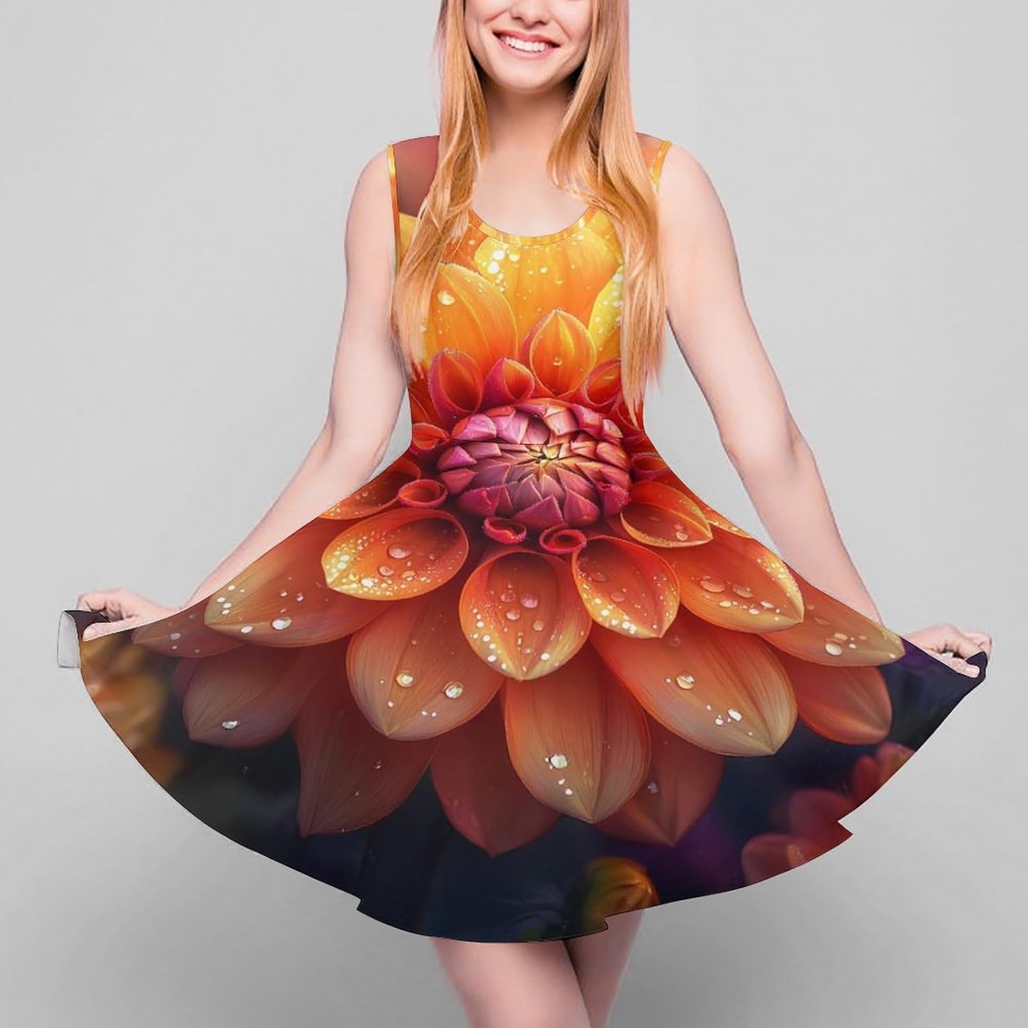Orange Dahlia Floral Plants Women's Dresses Round Neck Dress Sleeveless Tank Dress Ruffle Hem Sundress