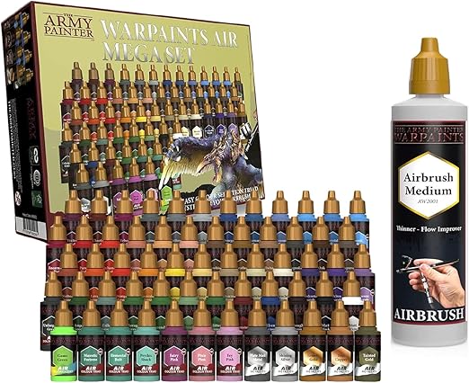 The Army Painter - Warpaints Airbrush Mega Paint Set & Airbrush Paint Thinner Bundle - Non-Toxic Water Based Acrylic Airbrush Paint Set, Flow Improver and Airbrush Medium for Miniature Wargaming