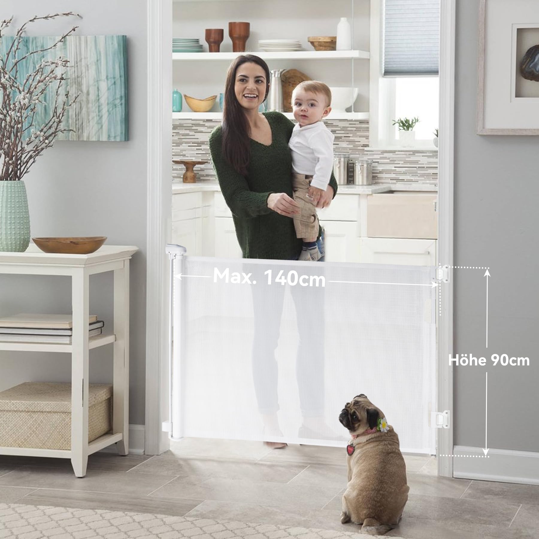 Hawthyhome Barrera protectora para escaleras, extensible, 0-180 cm, para niños, para bebés y mascotas, adecuada para escaleras, puertas, terrazas (blanco, 180 cm)