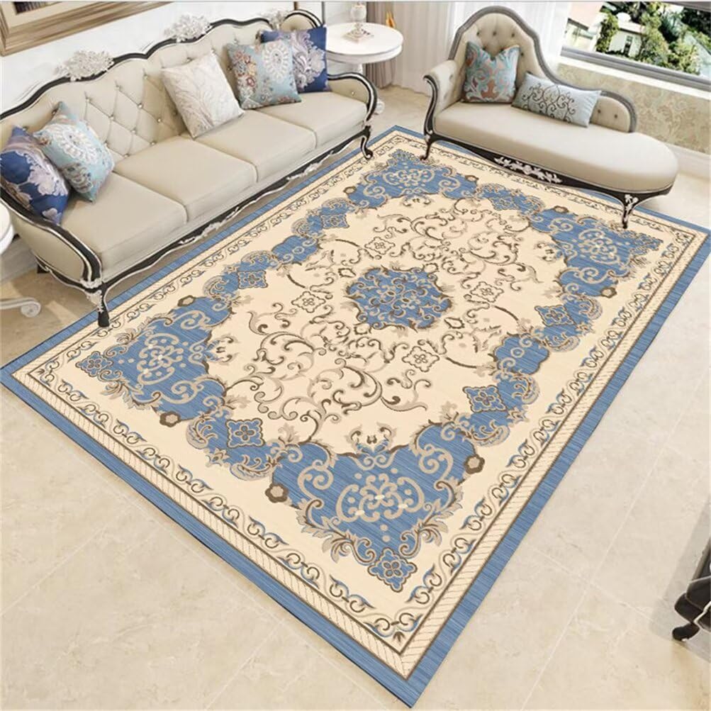 Tapis salon lavable en machine 100x160 bleu vintage facile à nettoyer motif floral