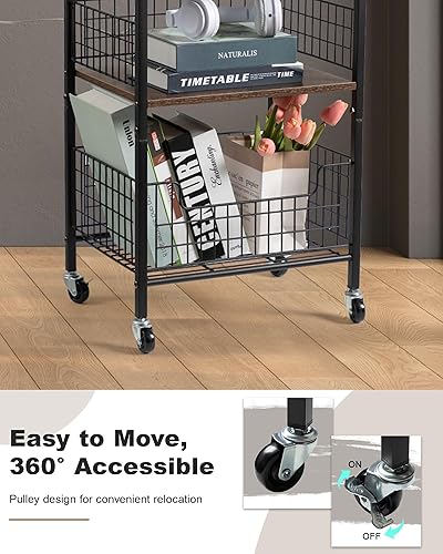 Miniatura 7 de Hadulcet Mesa auxiliar con estación de carga, mesa auxiliar enrollable de 3 niveles con cesta de almacenamiento y ruedas, mesa auxiliar de metal