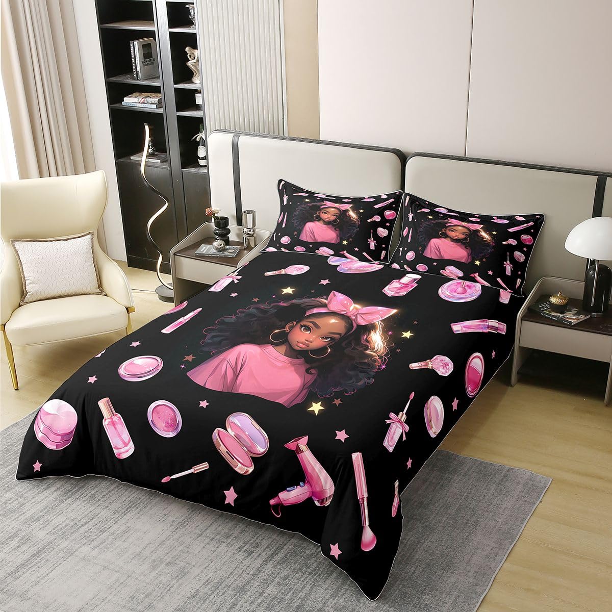 Homewish Schwarzes Mädchen Bettbezug 155x220 Baumwolle Schleife Bettwäsche Sterne Haartrockner Lippenstift Muster Bedding Puder Kompakt Nagellack Bettwäsche Set Weich 2 teilig