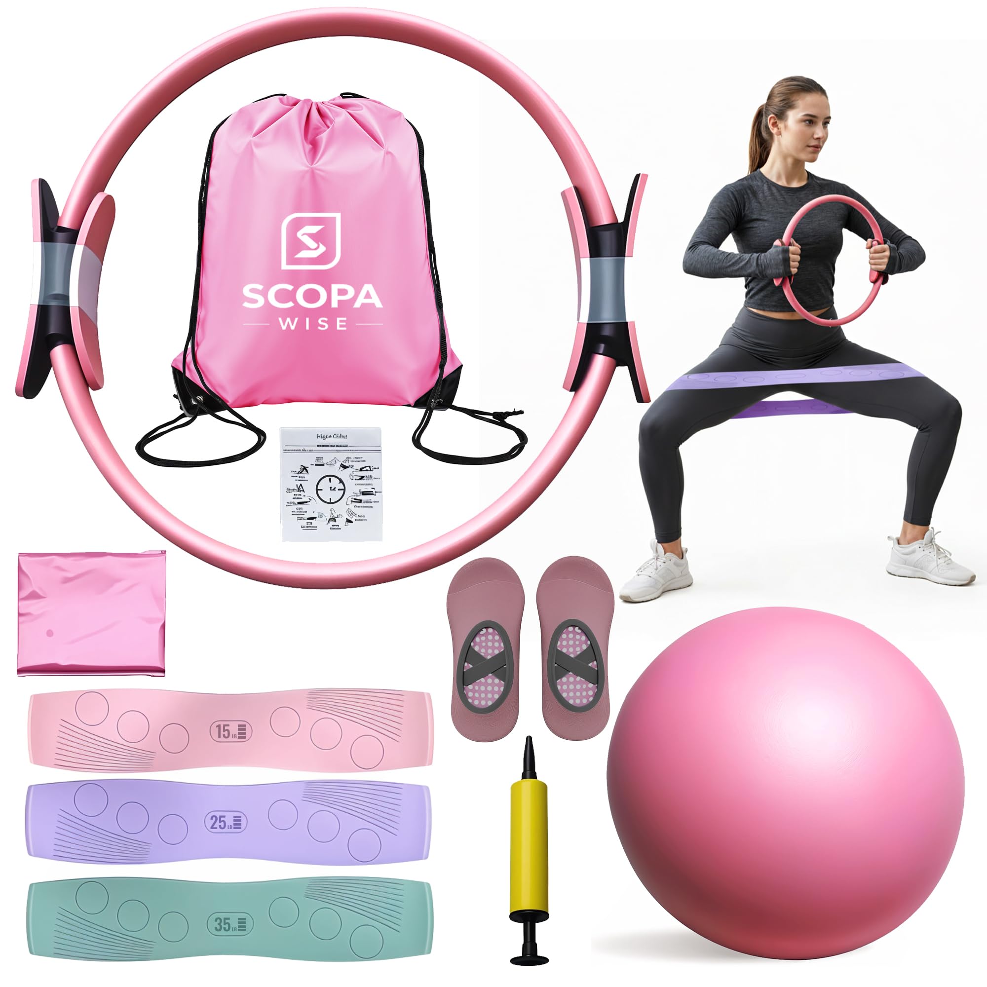 Pilates Ring Set for Women | 14" Magic Circle Starter Kit with Resistance Bands, Mini Ball, Yoga Strap & Pump | Includes Carry Bag | Home Workout Pilates Equipment for Strength & Flexibility Pink