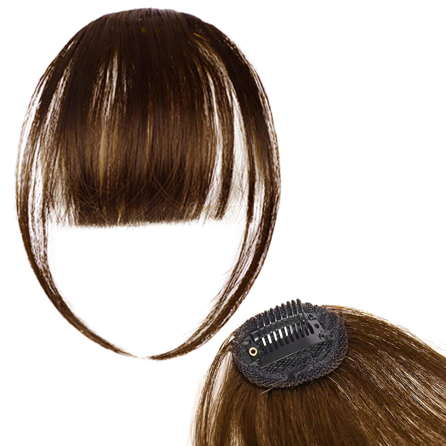 100% Real Human Hair Clip in Bangs for Women - Natural Look Fringe Hairpiece with Temples, Wispy or Curved Bangs Options(Dark Brown)