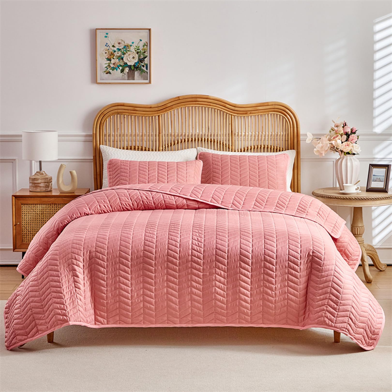 Yinghesheng Quilted Bedspreads Double Size-3 Pcs Soft Bed Spread, Coverless Quilted Ear of Wheat Pattern Bedspread for All Season, Bedding Sets with 2 Pillowcases for Bedroom Decor,Pink,King