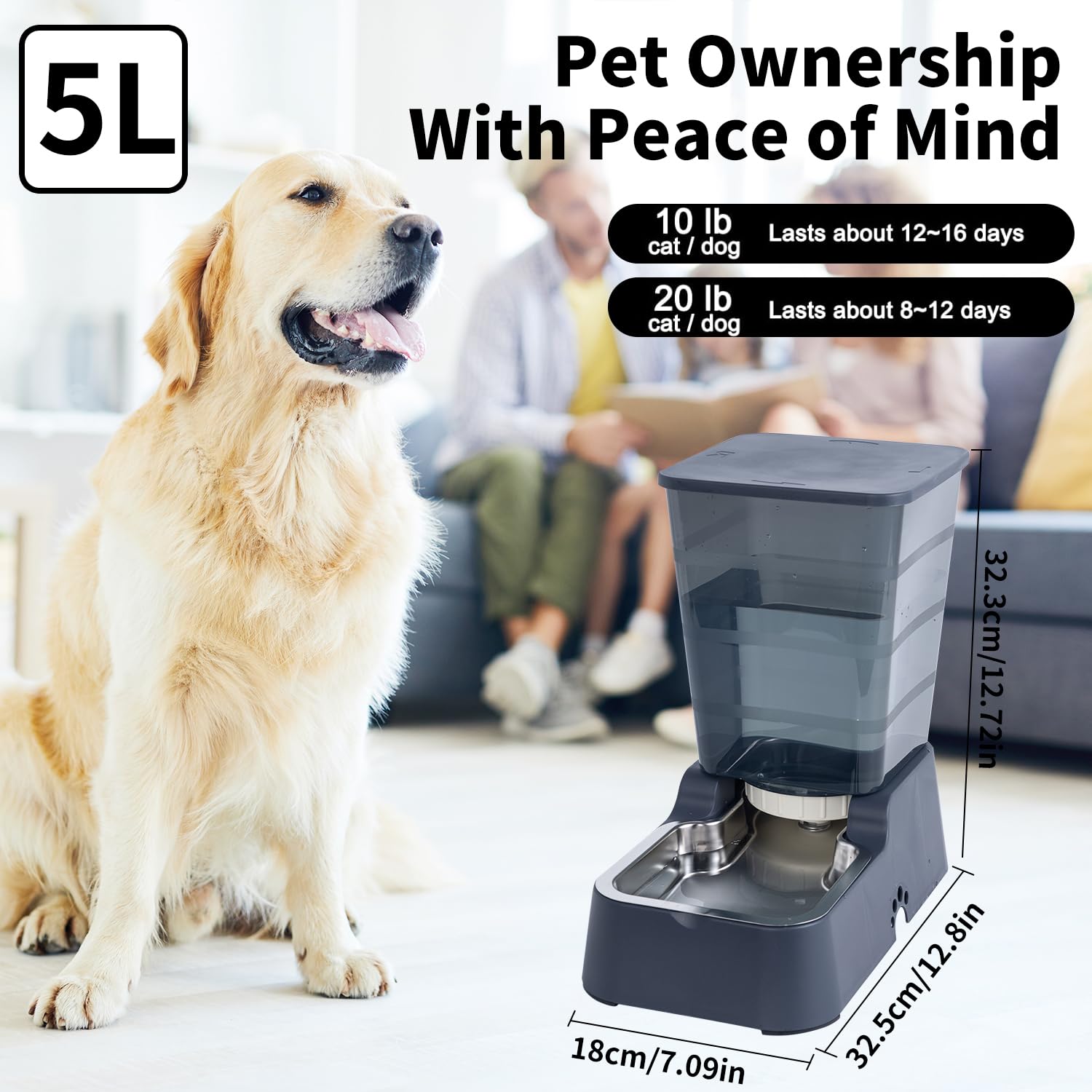 Distributore di Cibo e Acqua da 5 L per Cani e Gatti di Taglia Media e Grande, per Altri Animali Domestici (Grigio Scuro)