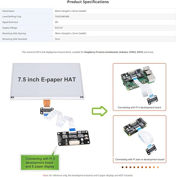 Universal E-Paper Display Driver HAT Board for Raspberry Pi Series, Compatible with Arduino, STM32, ESP32 SPI Interface with Open-Source Code