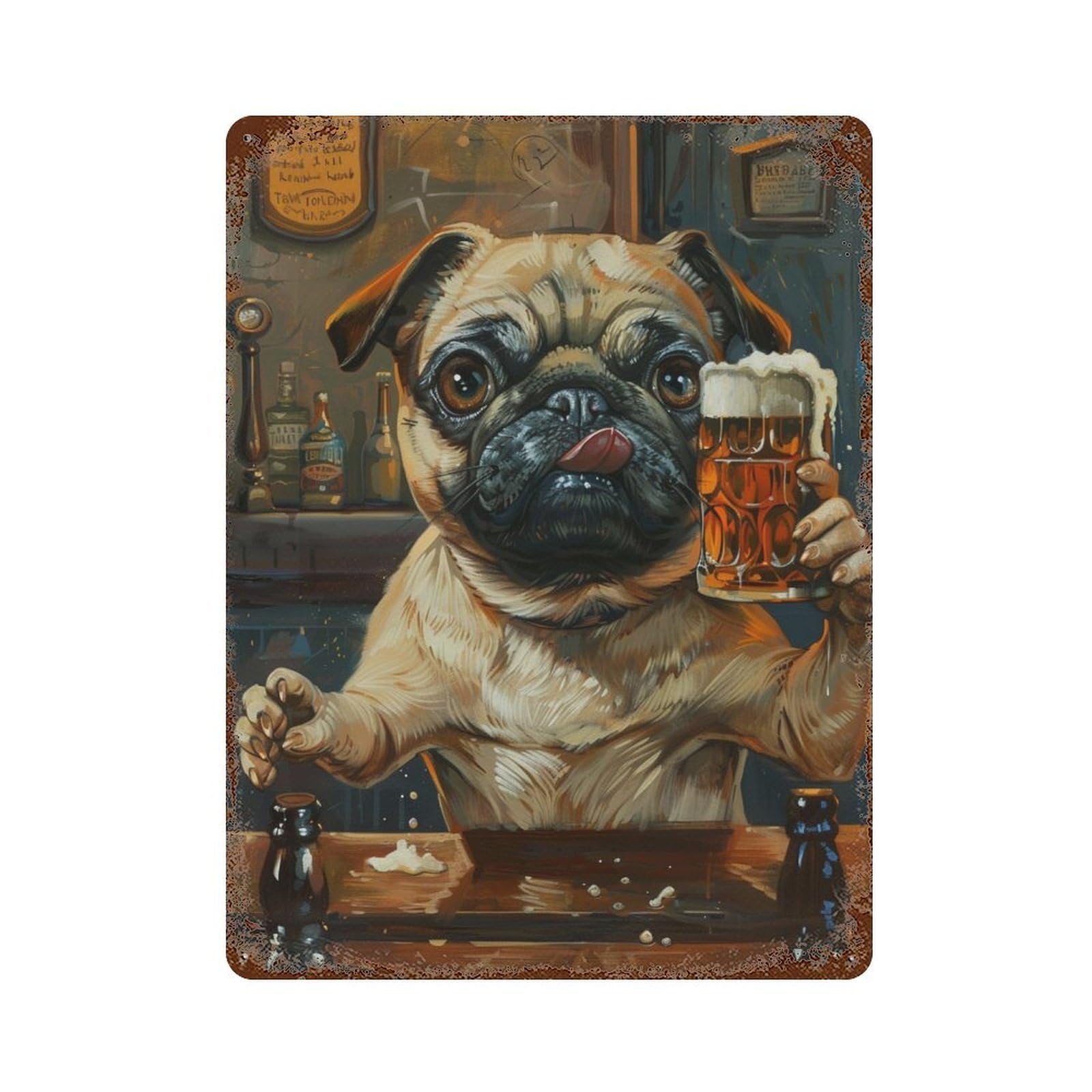 Garage Style Pug in Pub Holding Beer Aged Metal Wall Plaque 15.7"x11.8", Novelty Wall Decor for Bar And Workshop