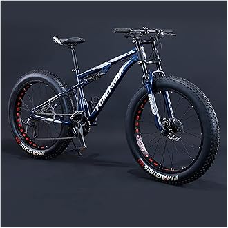 Mountain Bikes Men 26 Inch Adult Fat Tyre Mountain Bike with Full Suspension, High-carbon Steel Large Frame Dual Disc Brake Giant Bicycle,Blue Spoke,24 Speed