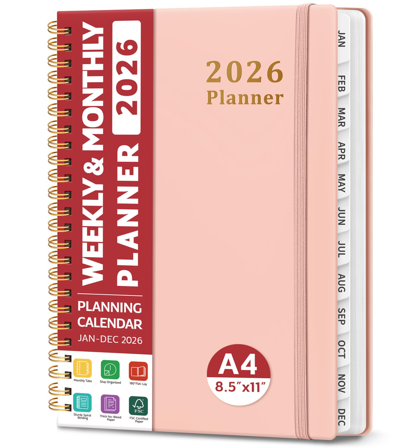 Planer 2026, Wochen- und Monatsplaner, Januar 2026 - Dezember 2026, Hardcover 2026, Kalender Planer Buch mit Registerkarten für Frauen & Männer, Innentasche, Spiralbindung, perfekt für Büro, Zuhause