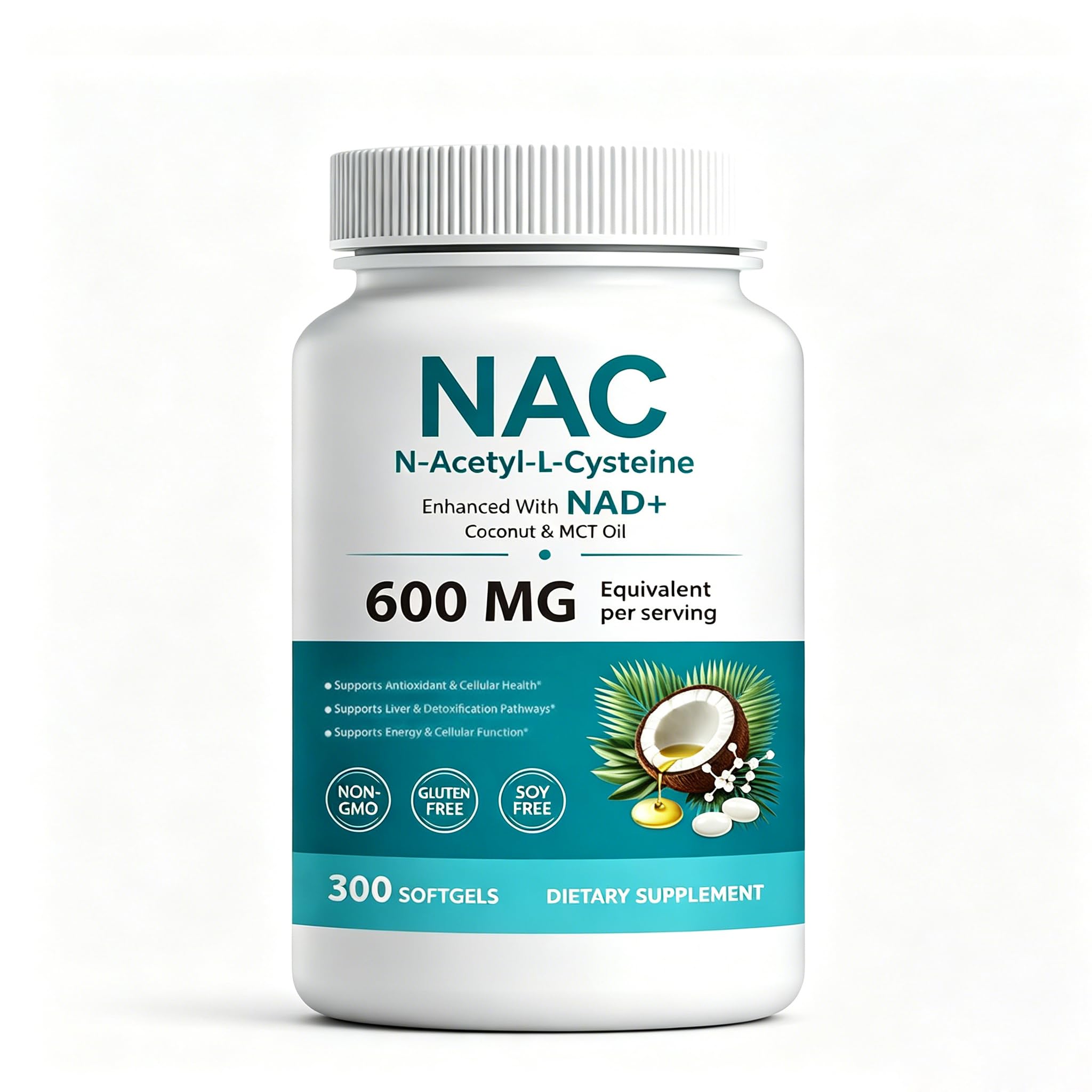 NAC N-Acetyl L-Cysteine 600 mg Softgels | Enhanced with Coconut & MCT Oil,Non-GMO, Gluten Free | 300 Softgels (100 Day Supply）
