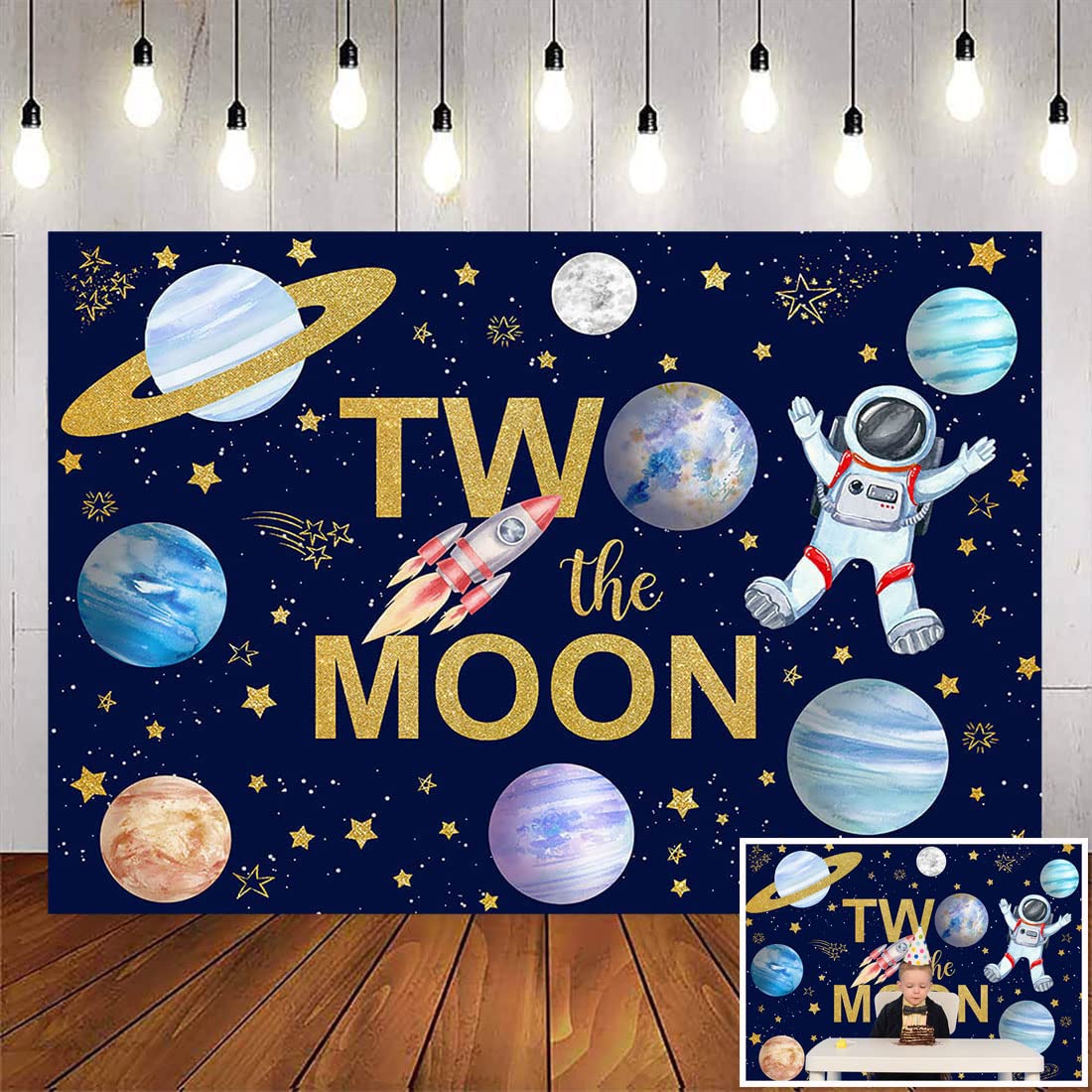 Avezano Two The Moon Birthday Backdrop Outer Space 2nd Birthday Party Background Decorations Galaxy Astronaut Space Man Second Birthday Banner Supplies(7x5ft)