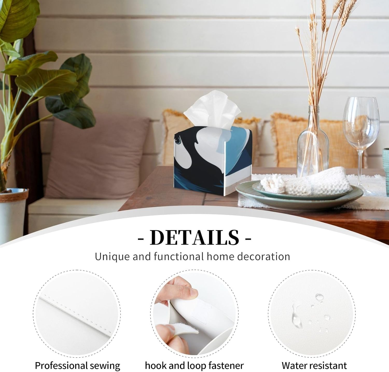 Pu Leather Cube Tissue Box Holders Modern Waterproof Square Tissue Box Cover Killer Whales Orca Facial Paper Holder For Bathroom Kitchen Nightstand Office Home Decor image 4