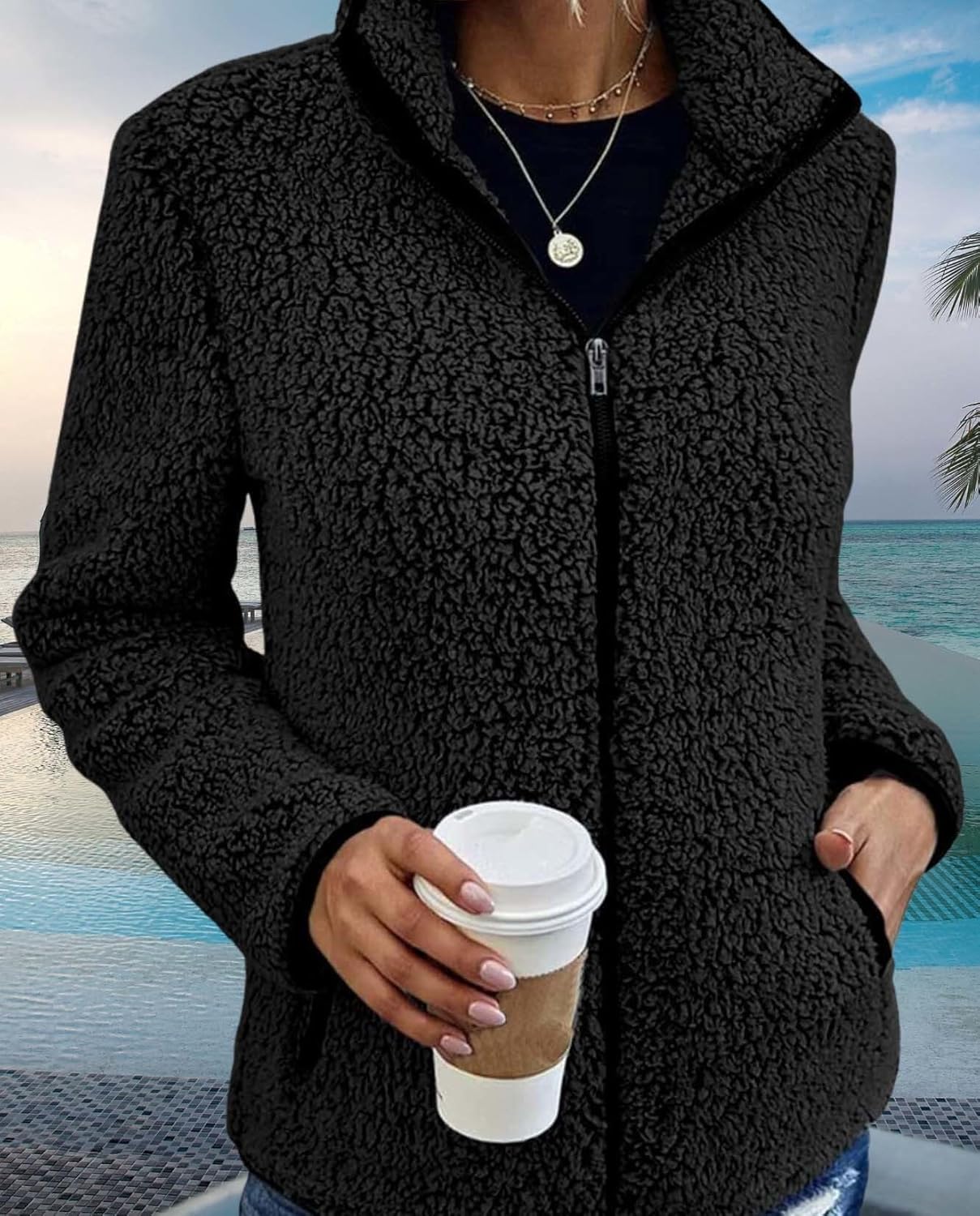 Womens Winter Jacket Casual Warm Plush Zipper Long Sleeve Standing Collar Coat with Pockets For Cold Weather - Image 4