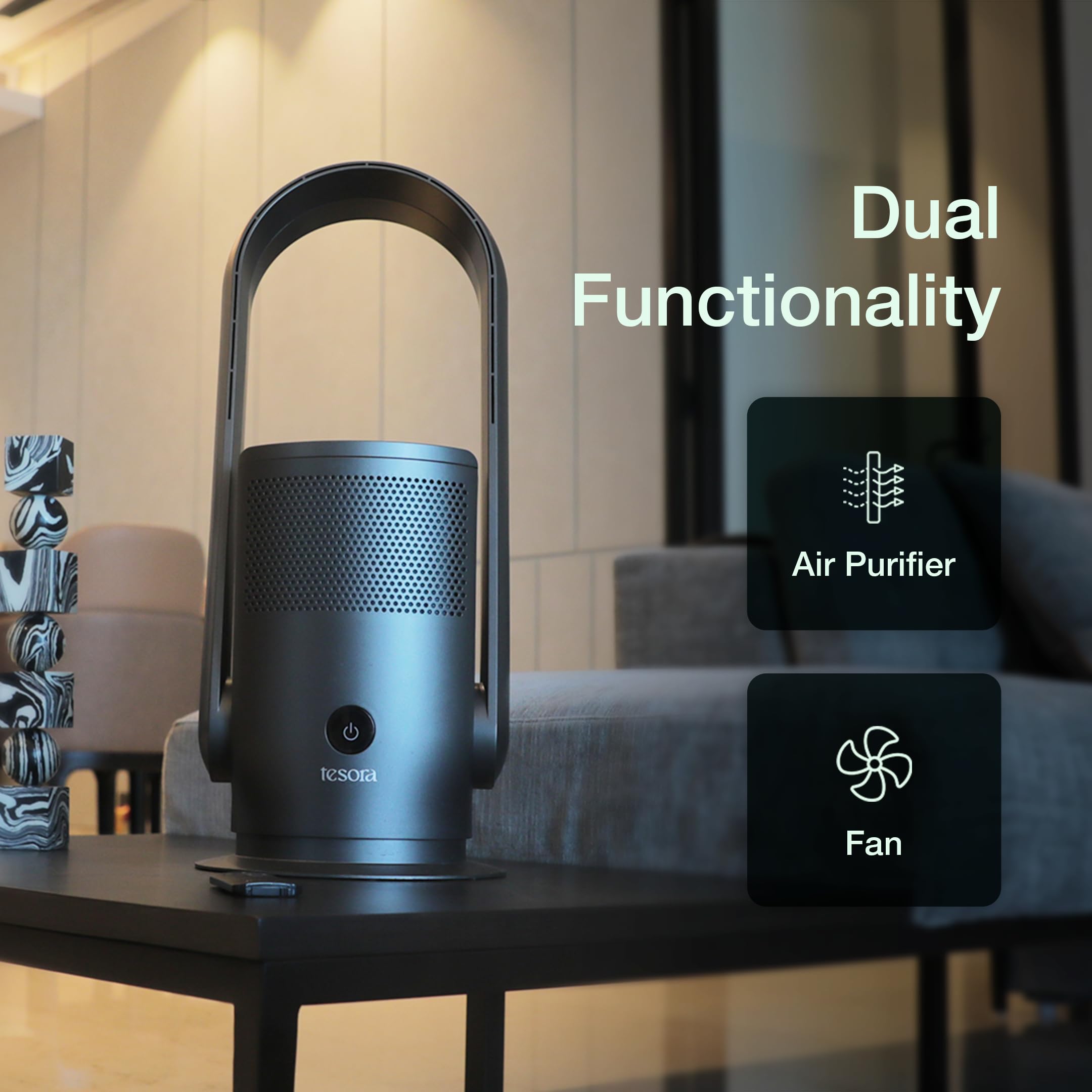 Tesora Bladeless Fan With Air Purifier 24" | H13 Filter| Remote Controlled| Three Layer Filteration |9-Speed Control |8 Hrs Timer (Grey) 1