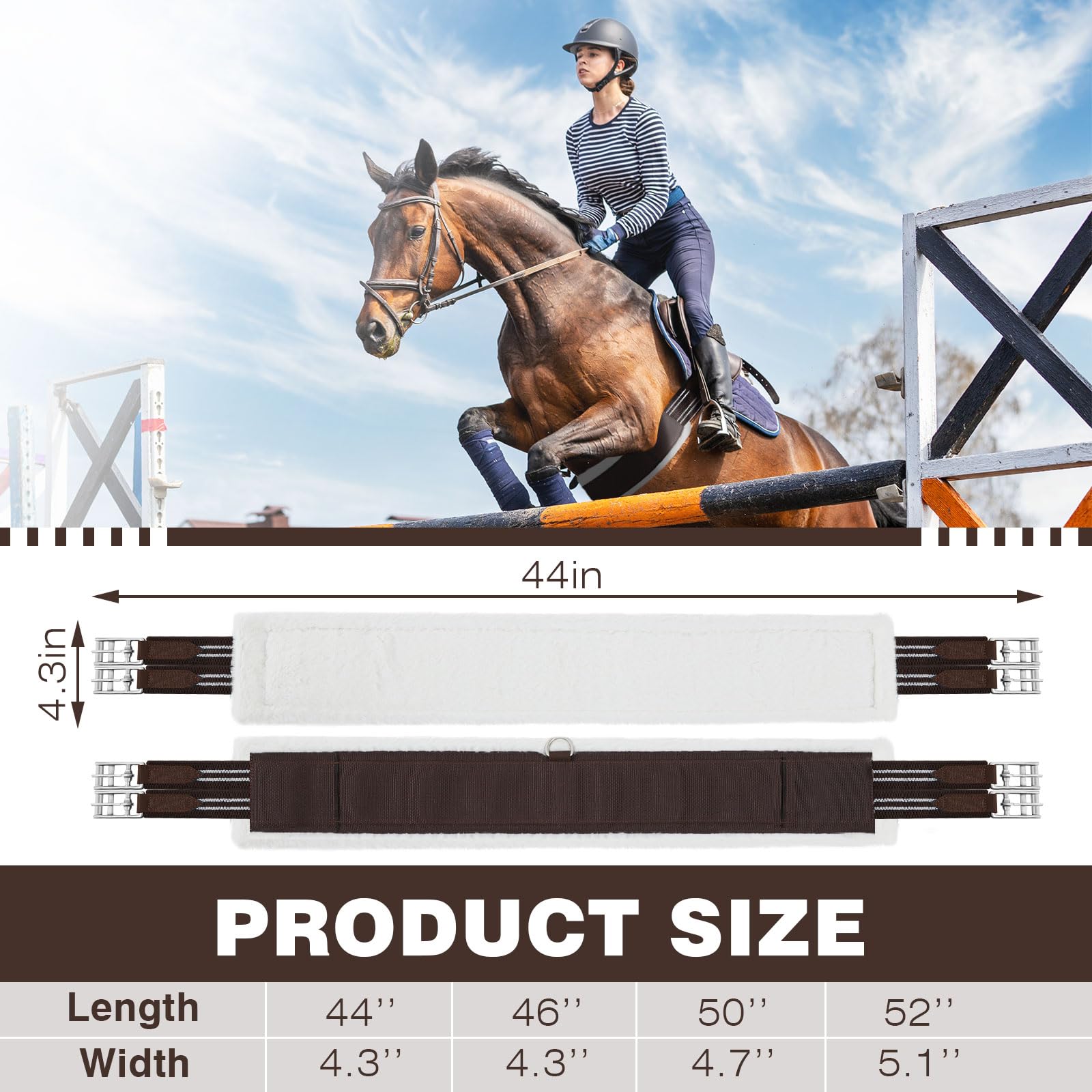 Yeyeplum English Girth for Horses Fleece Padded Dressage Horse Girth for English Saddle, Double Elastic and Stainless Steel Buckles, Horse Competitions Riding(44 Inch)