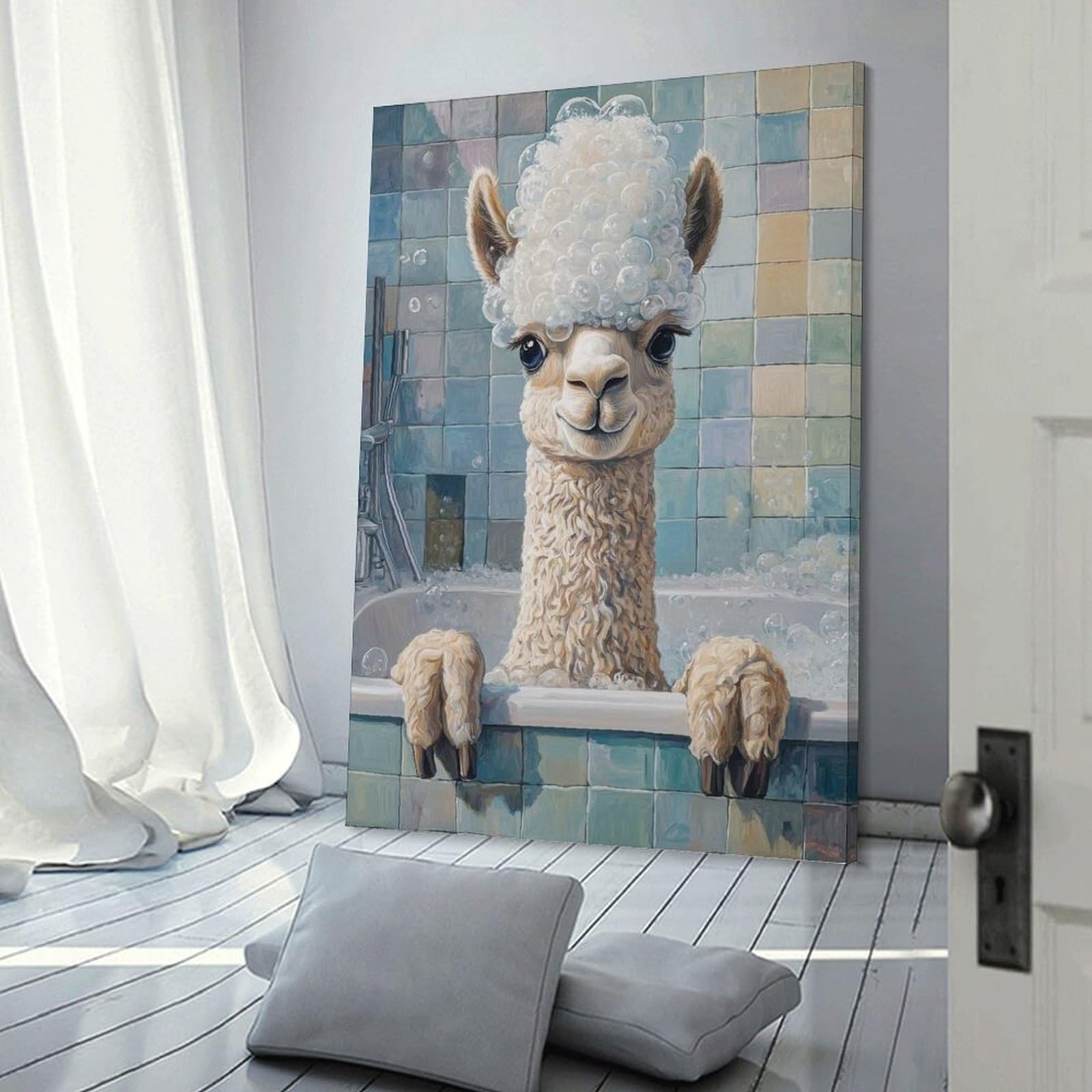 Junmoney Alpaca Bath Time Decorative Canvas Print, 24x36inch(60x90cm), for Hallway, Bedroom Or Modern Interiors, Gift Idea for Housewarming And Birthdays