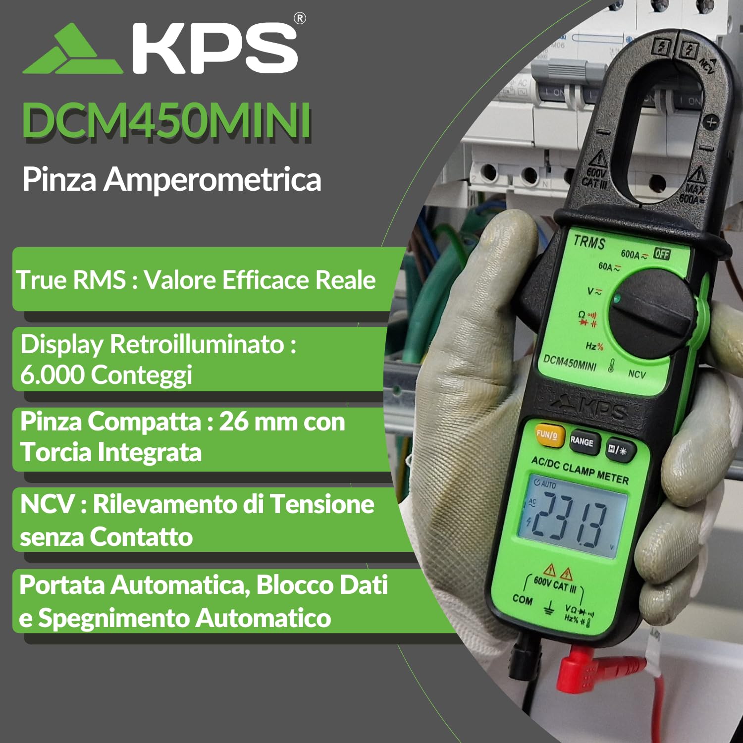 KPS -DCM450MINI Pinza amperometrica TRMS 600A AC/DC e 600V con temperatura, NCV, resistenza, capacità, frequenza, display retroilluminato e torcia CAT III 600V