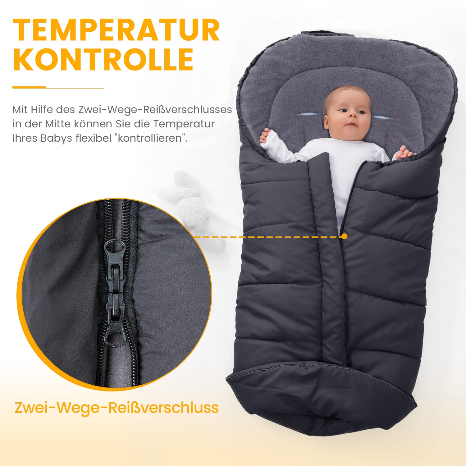 Orzbow Fußsack Kinderwagen Winter, Polar Fleece, Reißverschluss, Reflektorstreifen, Wasserdicht, Maschinenwaschbar, Schwarz