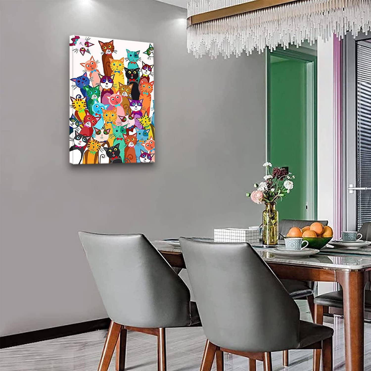 Framed Funny Colorful Cat Wall Art Cartoon Cat Canvas Print Cute Kitten Picture Poster Animals Painting Wall Decor for Bathroom Kid's Bedroom Nursery 16x24Inches