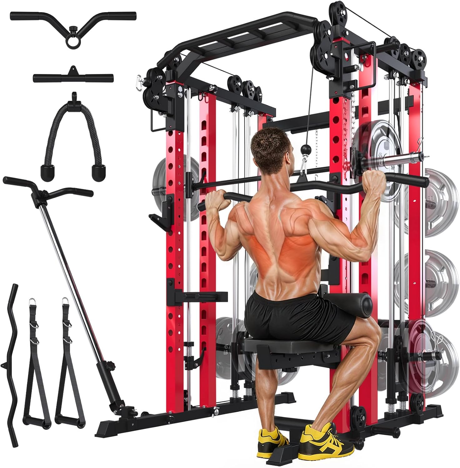 Smith Machine Power Squat Rack Cage Home Gym, 2000lbs All in One Dual Cable Crossover Machine with LAT Pulldown Strength Training Power Cages with Pulley Workout System, Garage Bench Press