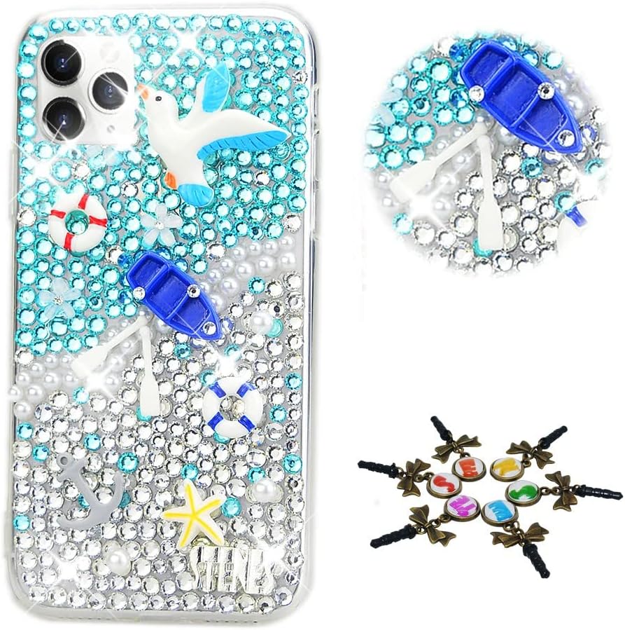 STENES Sparkle Glitter Case Compatible with TCL 50 XL 5G - Stylish - 3D Handmade Bling Boat Starfish Peace Dove Rhinestone Crystal Diamond Design Girls Women Cover - Navy Blue