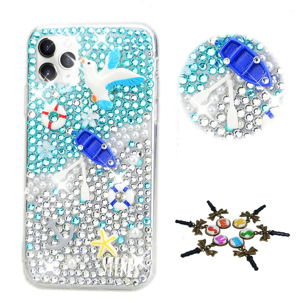 STENES Sparkle Case Compatible with T-Mobile REVVL 7 Pro 5G Case - STYLISH - 3D Handmade Bling Boat Starfish Peace Dove Rhinestone Crystal Diamond Design Girls Women Cover - Navy Blue