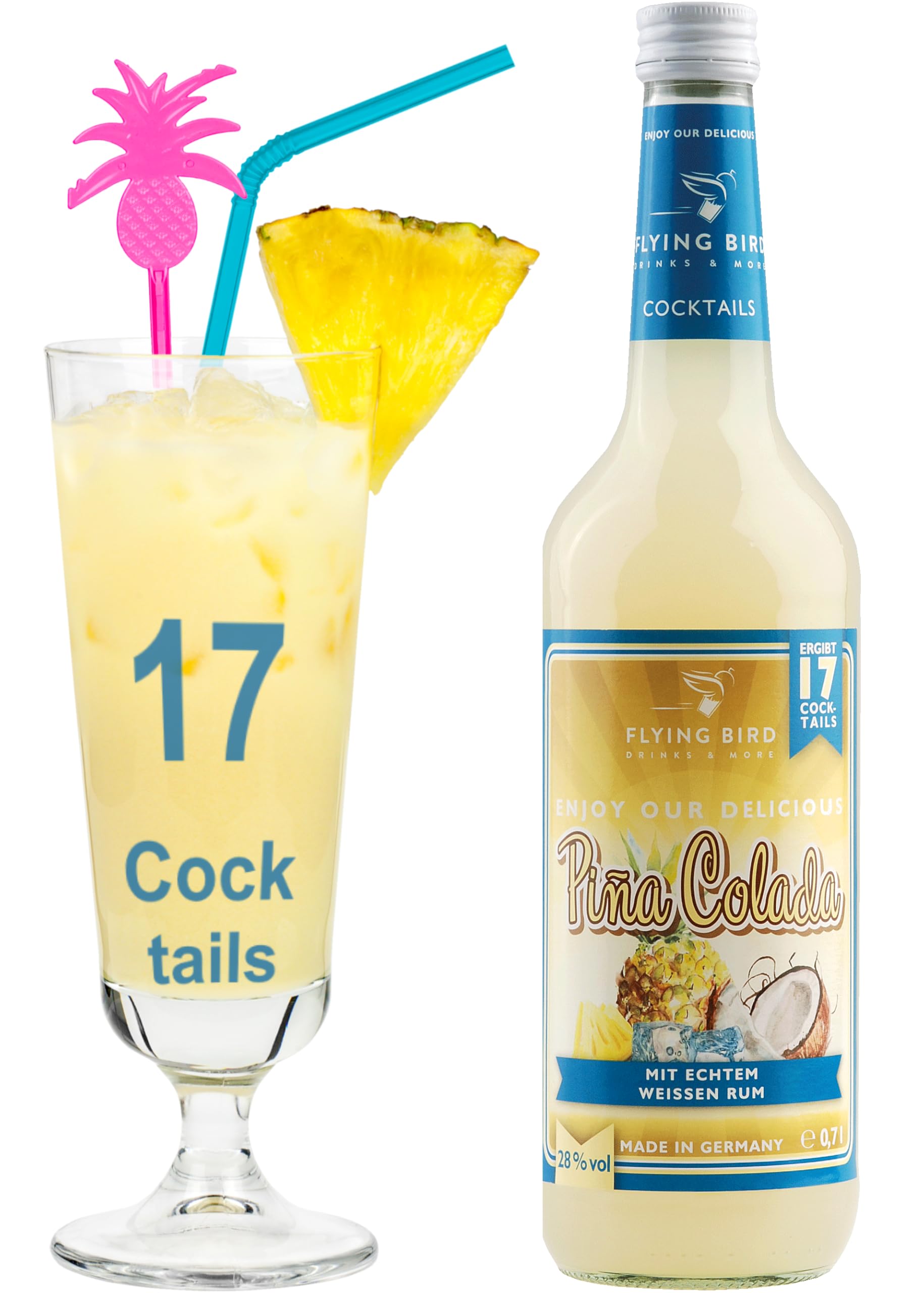 Flying Bird Piña Colada für 17 Cocktails fertig gemixt | 0,7l Flasche mit allen Zutaten | Mit Ananassaft mischen