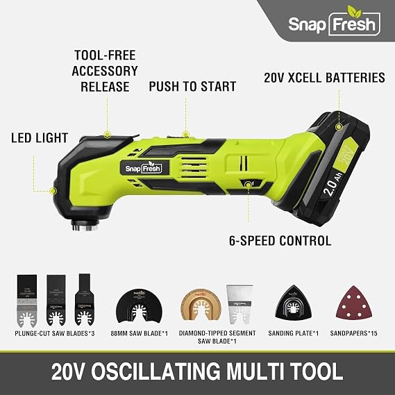 SnapFresh Oscillating Multi Tool Cordless, 20V DIY Tool Kit, 6 Speed, 3.2Oscillation Angle, Quick-Lock Replaceable, 22pcs Accessories, Battery & Fast Charger, For Scraping, Blades Sanding, Cutting