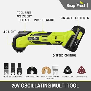 SnapFresh Oscillating Multi Tool Cordless, 20V DIY Tool Kit, 6 Speed, 3.2Oscillation Angle, Quick-Lock Replaceable, 22pcs Accessories, Battery & Fast Charger, For Scraping, Blades Sanding, Cutting
