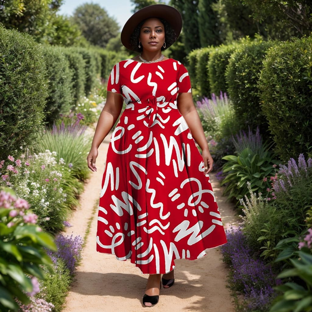 Women Plus Size Formal A Line Maxi Dress Self Tie Waist with Pockets Elegant Round Neck Swing Long Dresses - Image 4